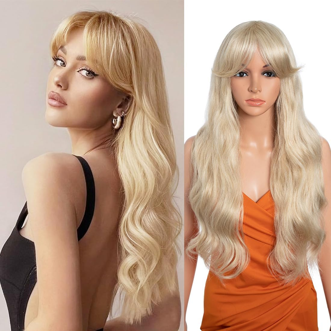 26 Inch Long Wavy Wigs for Women, Black Wig with Bangs, Ombre Brown Wig with Dark Roots, Long Layered, Heat Resistant, Synthetic, Natural Looking Wigs for Daily Party Use (Linen (59))