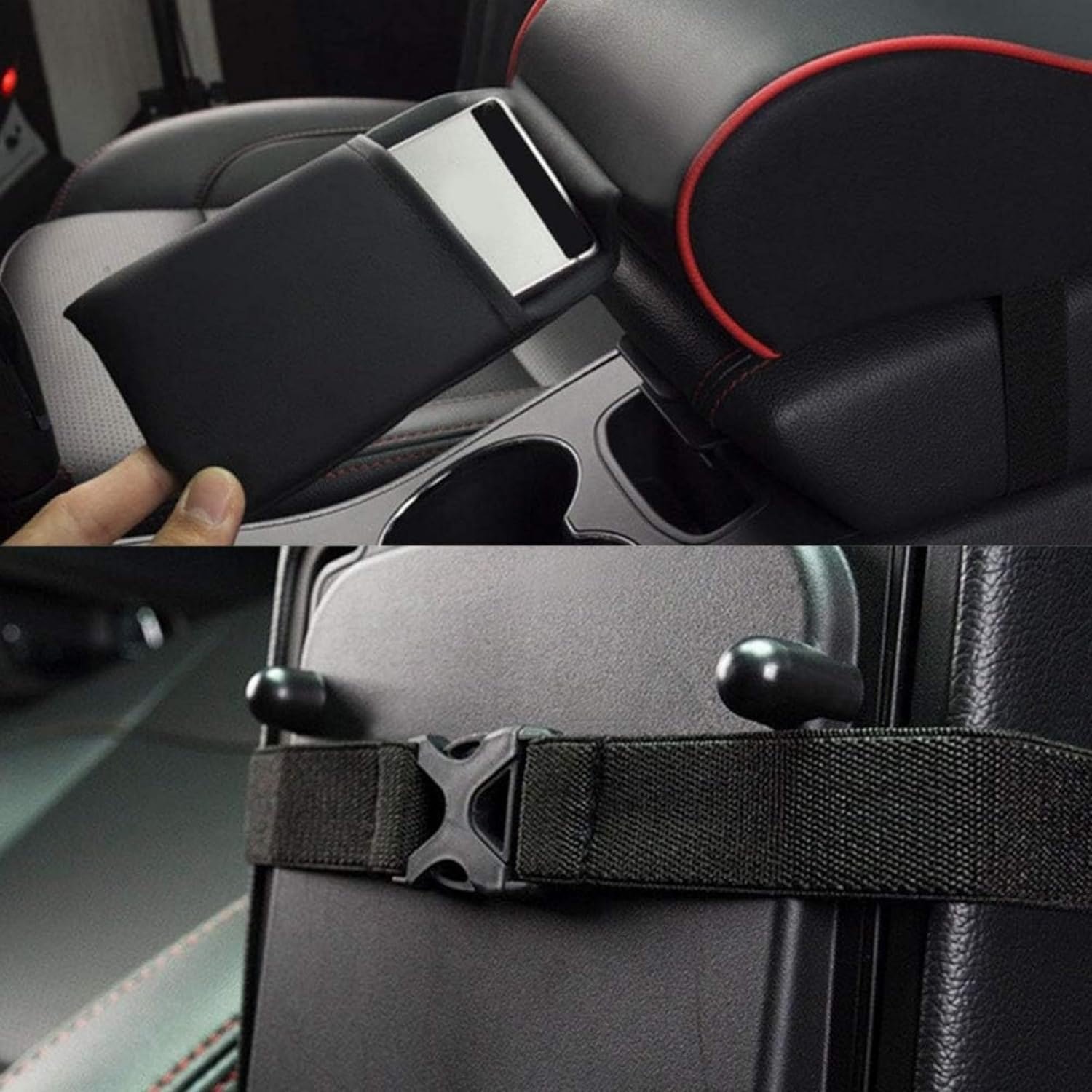 Car Armrest Cushion,Memory Foam Arm Rest for Car,Center Console Armrest with Phone Holder Storage Bag Universal Fit for Most Car (Black) - Black Red image number 3