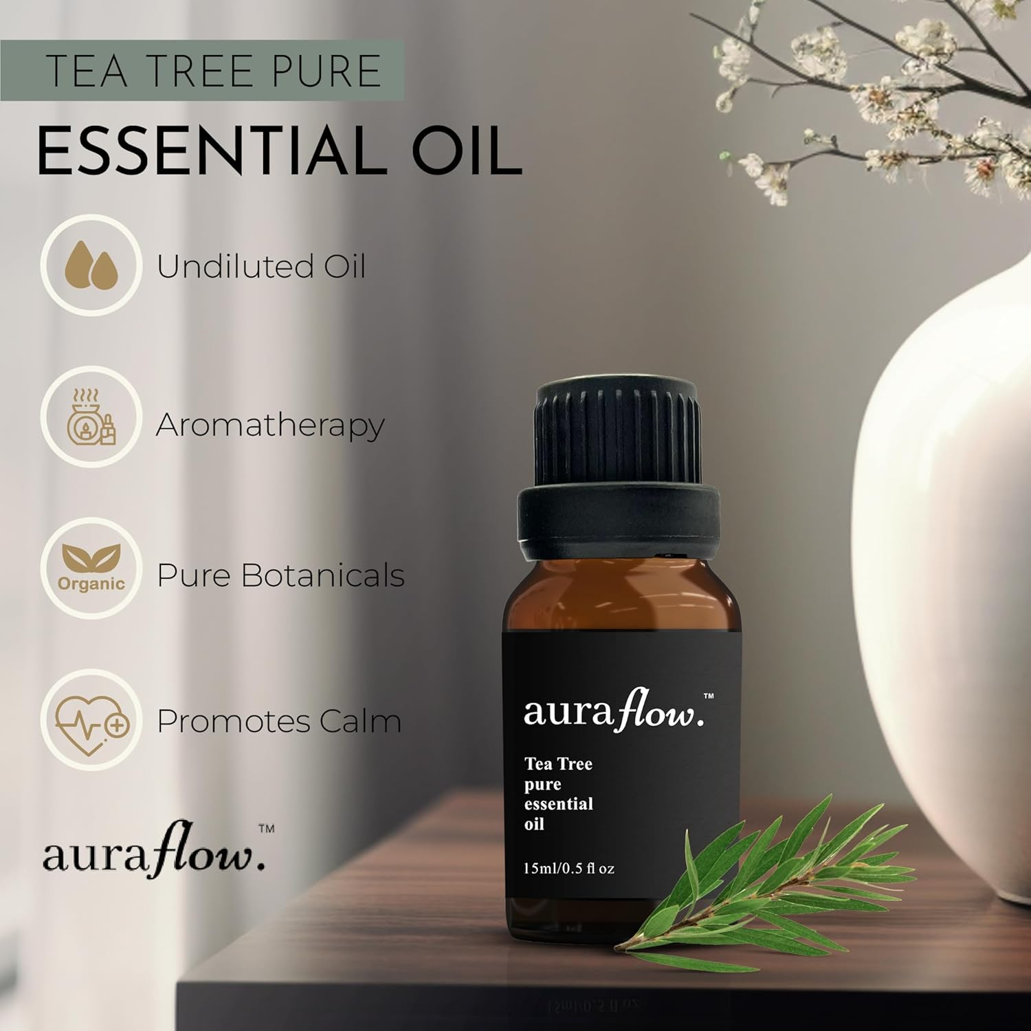 AURAFLOW 15Ml Premium Tea Tree 100% Pure Plant Based Essential Botanical Oil for Aromatherapy, Yoga, Zen, Sleep, Relax, No Stress, Essential Oil for Diffuser, Skin, Face, Hair & Perfume