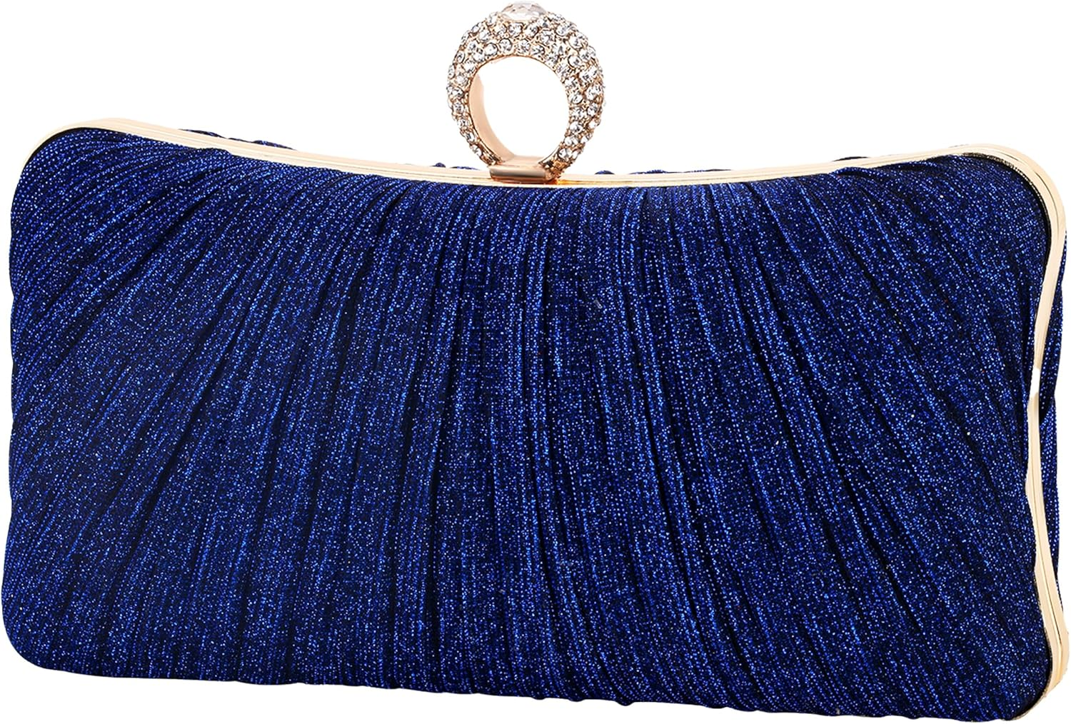 Womens Golden Glitter Clutch Purse Pleated Evening Bag for Bridal Wedding Party with Rhinestone Ring