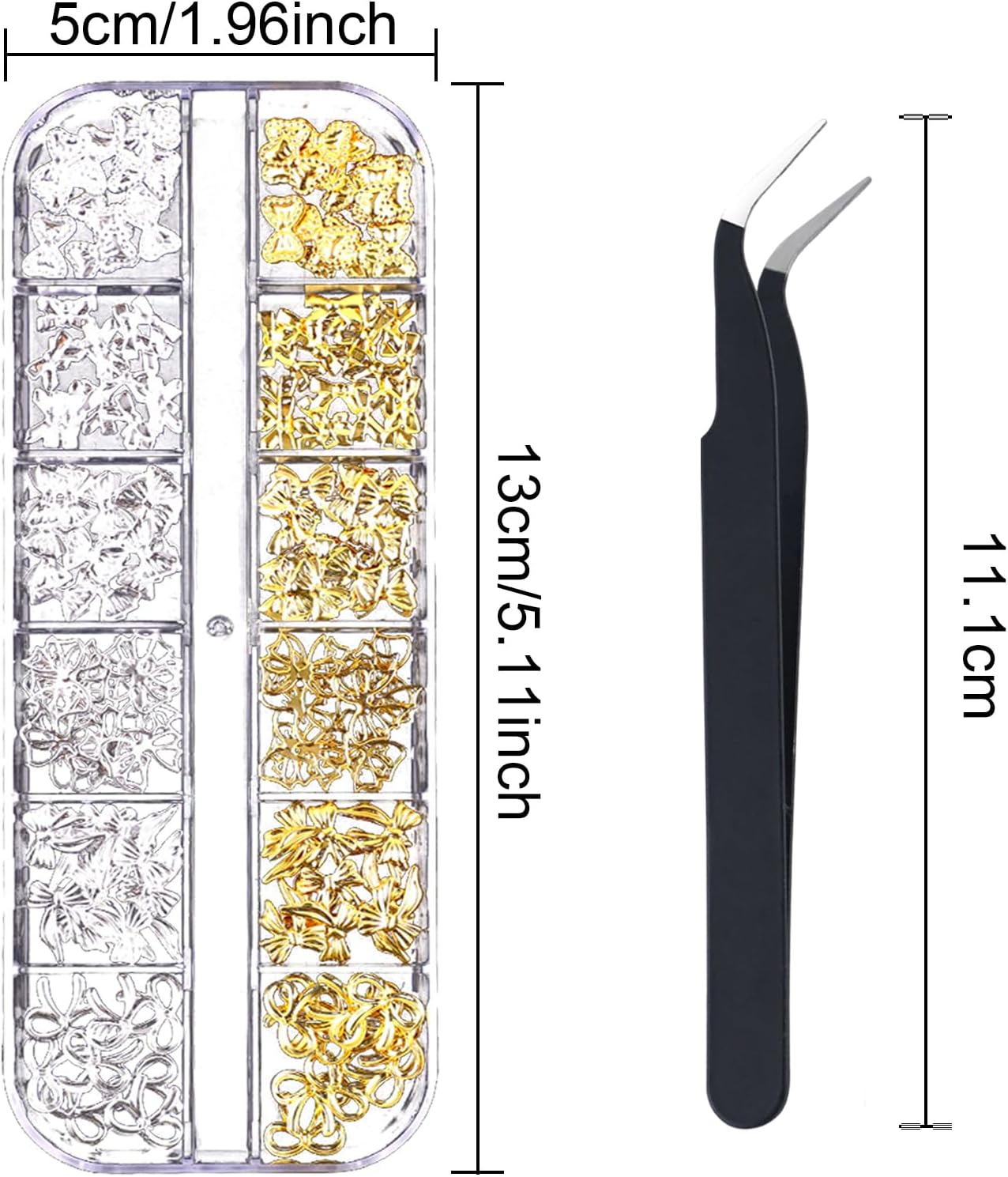 2 Pieces Metal Bow Nail Charms Gold Silver Star Bows Nail Charms Rhinestones Metal Nail Art Decoration Tweezers with Curved Tip for Nail Design Accessories