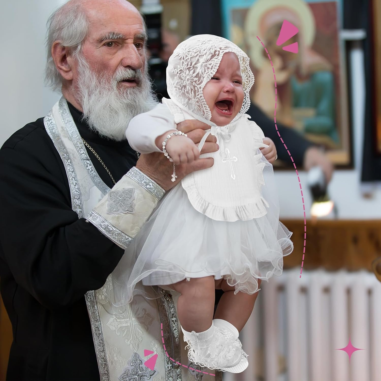 5 Pcs Christening Bib for Baby Girl White Baptism Bib Christening Socks Shoes Baby Bonnet Lace Hat Cross Charm Bracelet Baptism Outfits for Toddler Infant First Communion Gift, White image number 3