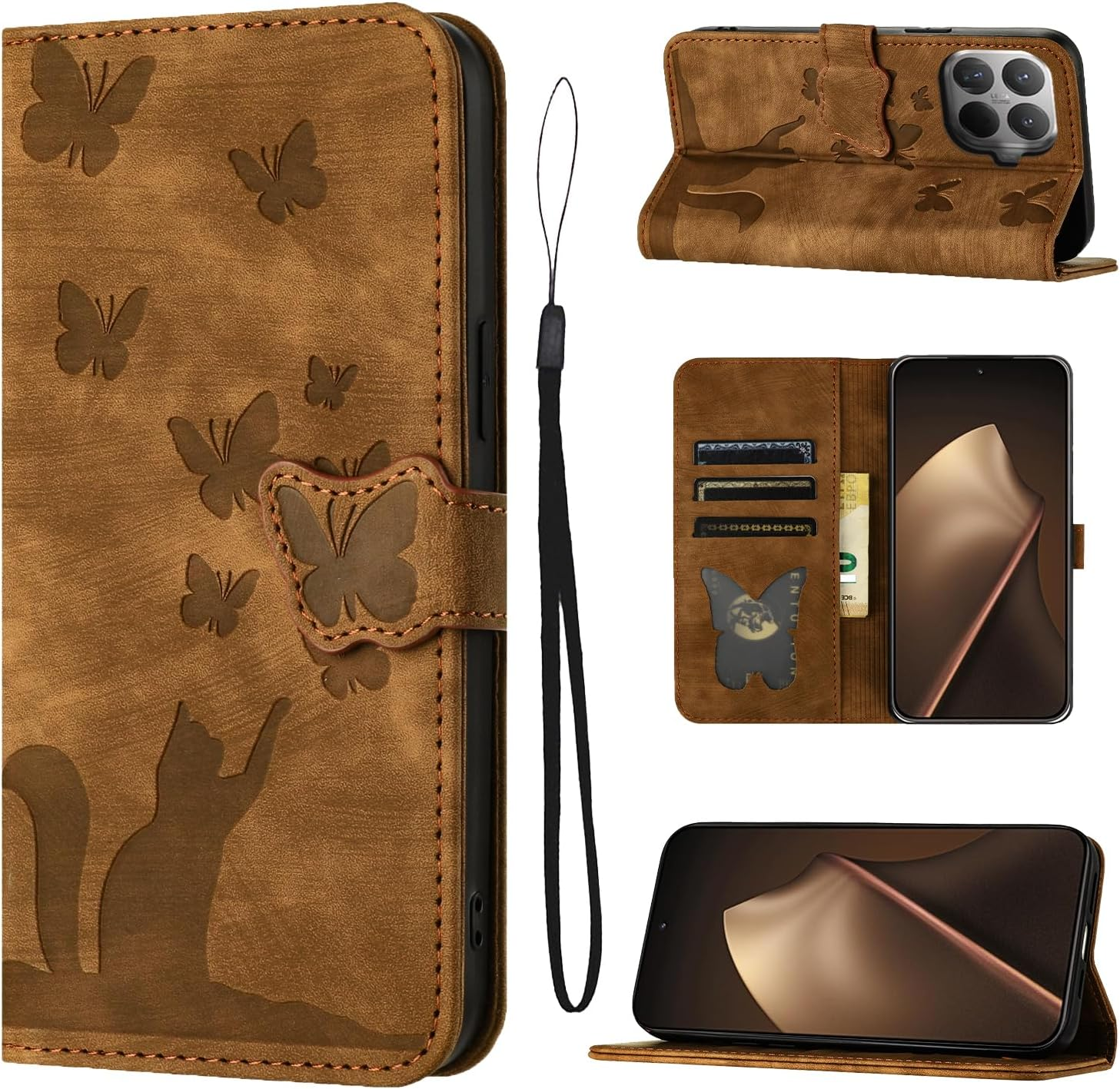 LSPCASA Mobile Phone Case for Iphone 17 Pro Max 6.9 Inch Premium PU Leather for Iphone 17 Pro Max Case with Card Slots Stand Function Protective Case Foldable Flip Wallet Phone Case Butterfly Cat