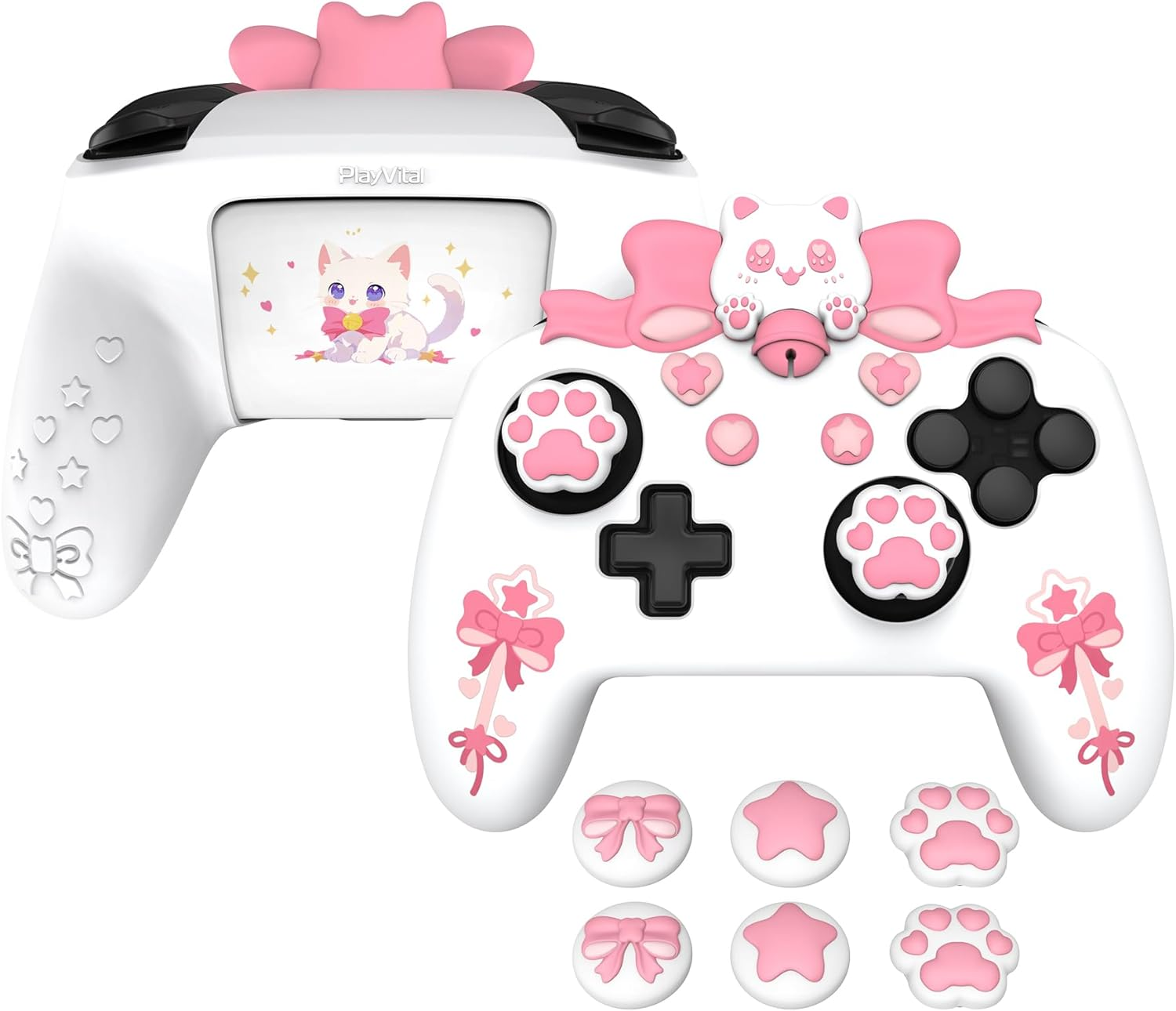 Playvital Sweetheart Kitty Silicone Skin Compatible with Nintendo Switch Pro Controller Kawaii Anti-Slip Cover, Switch Pro Controller Joystick Grips & Protective Silicone Case - Pink