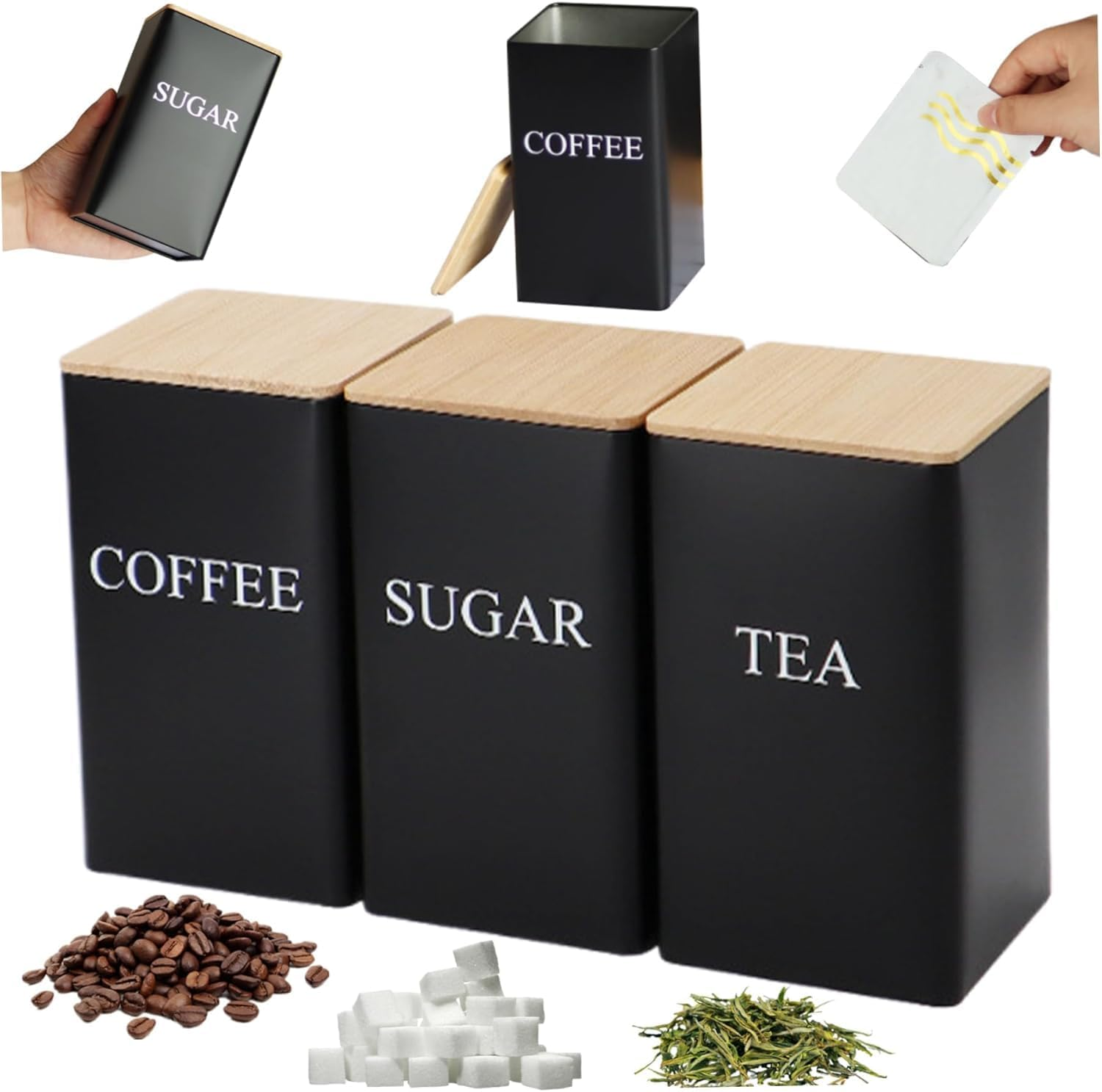 Alerrawia Tea Coffee Sugar Canister 1000 Ml Metal Coffee Tea Sugar Container with Airtight Bamboo Lid and Name Marker Food Storage Containers Jars for Coffee Sugar Tea Black Container Sets image number 5