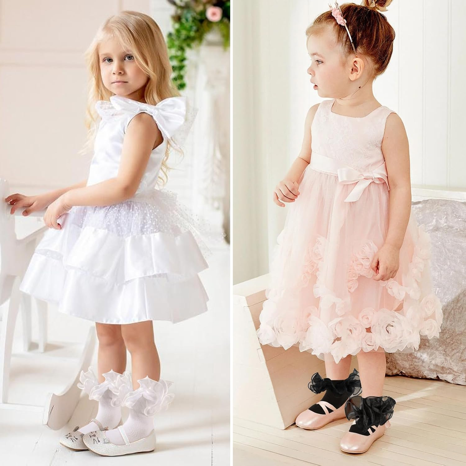 3 Pairs Girls Ruffle Lace Socks | Frilly Dress Socks with Big Turn Cuff for 1-3/4-6/6-8/8-10 Years Old Girls Kids | Cotton White Black Red image number 3