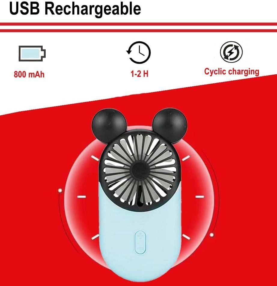 Cute Personal Mini Fan(2 PACK), Mini Handheld USB Rechargeable Portable Fan with Stylish LED Light,3 Speed Adjustable,Cute Mouse,For Kids Girls Woman Home Office Outdoor Travel