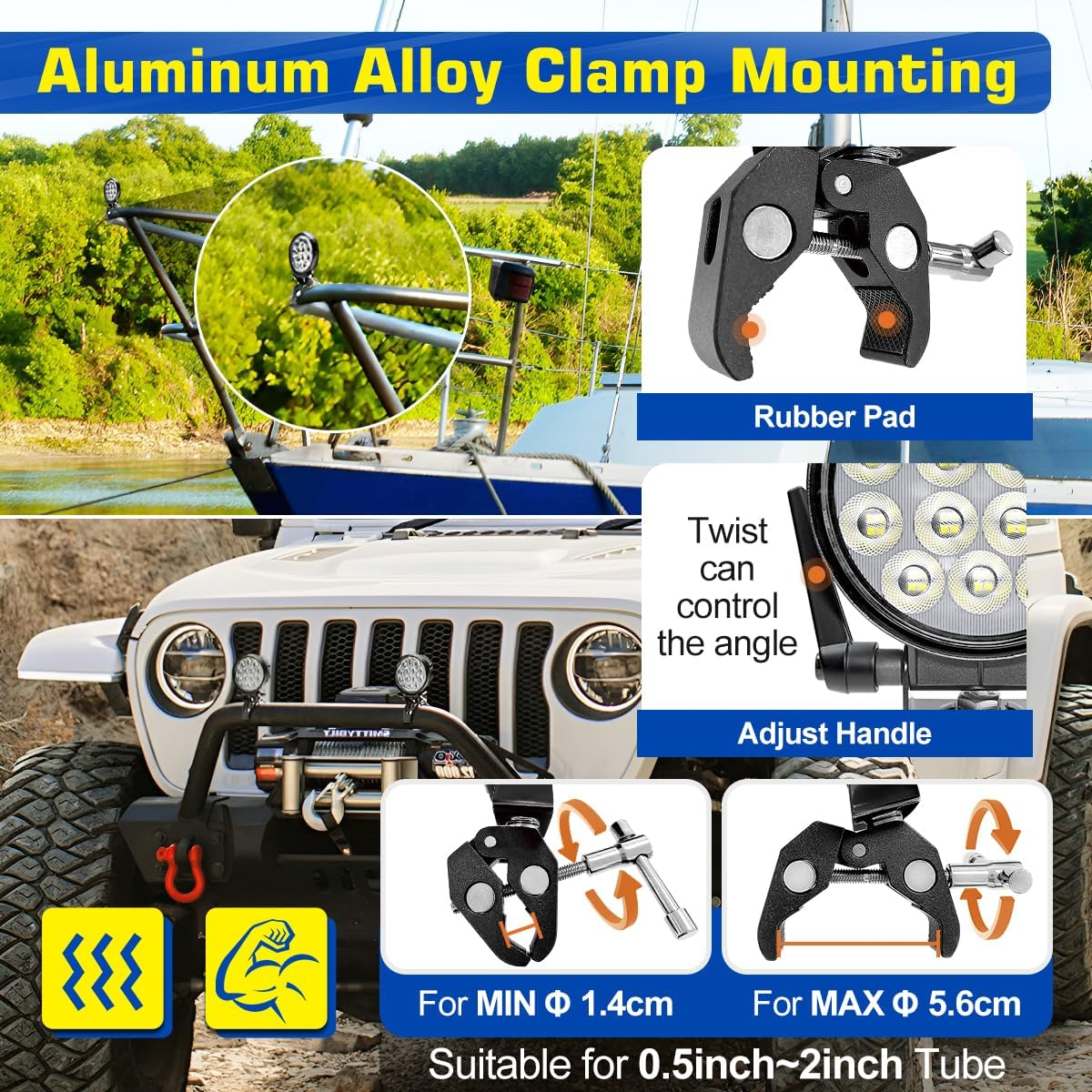 Portable LED Boat Spotlight with Mounting Clamp, 2 Way Power Super Bright LED Work Light 12V Marine Spot Lights for Boats Fishing, Battery Clamps/Cigarette Lighter Power Headlights for Camp Truck RV