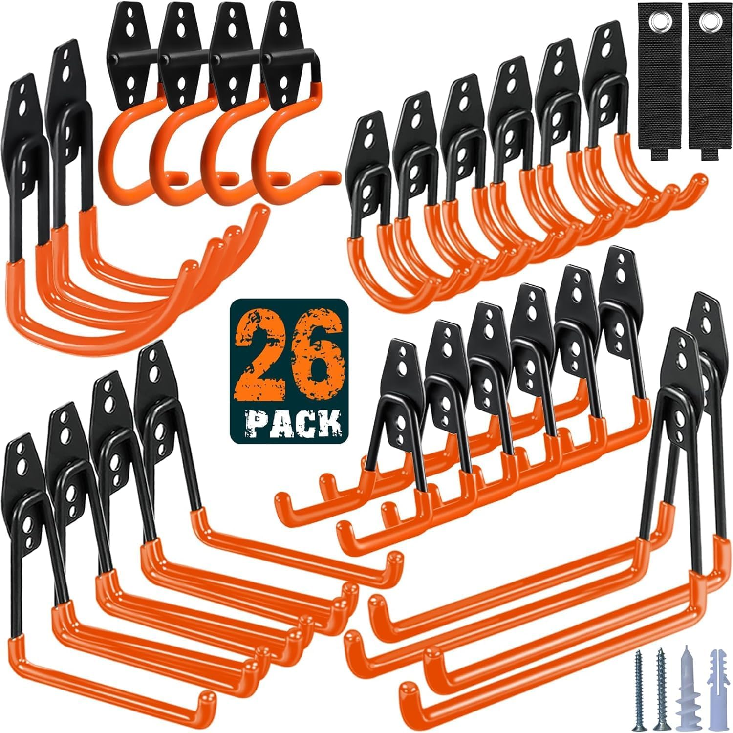 26 Pack Garage Hooks Heavy Duty,Utility Steel Garage Storage Hooks,Wall Mount Garage Hanger&Organizer for Organizing Power Tools,Ladders,Bulk Items,Bikes,Ropes and More Equipment, Orange