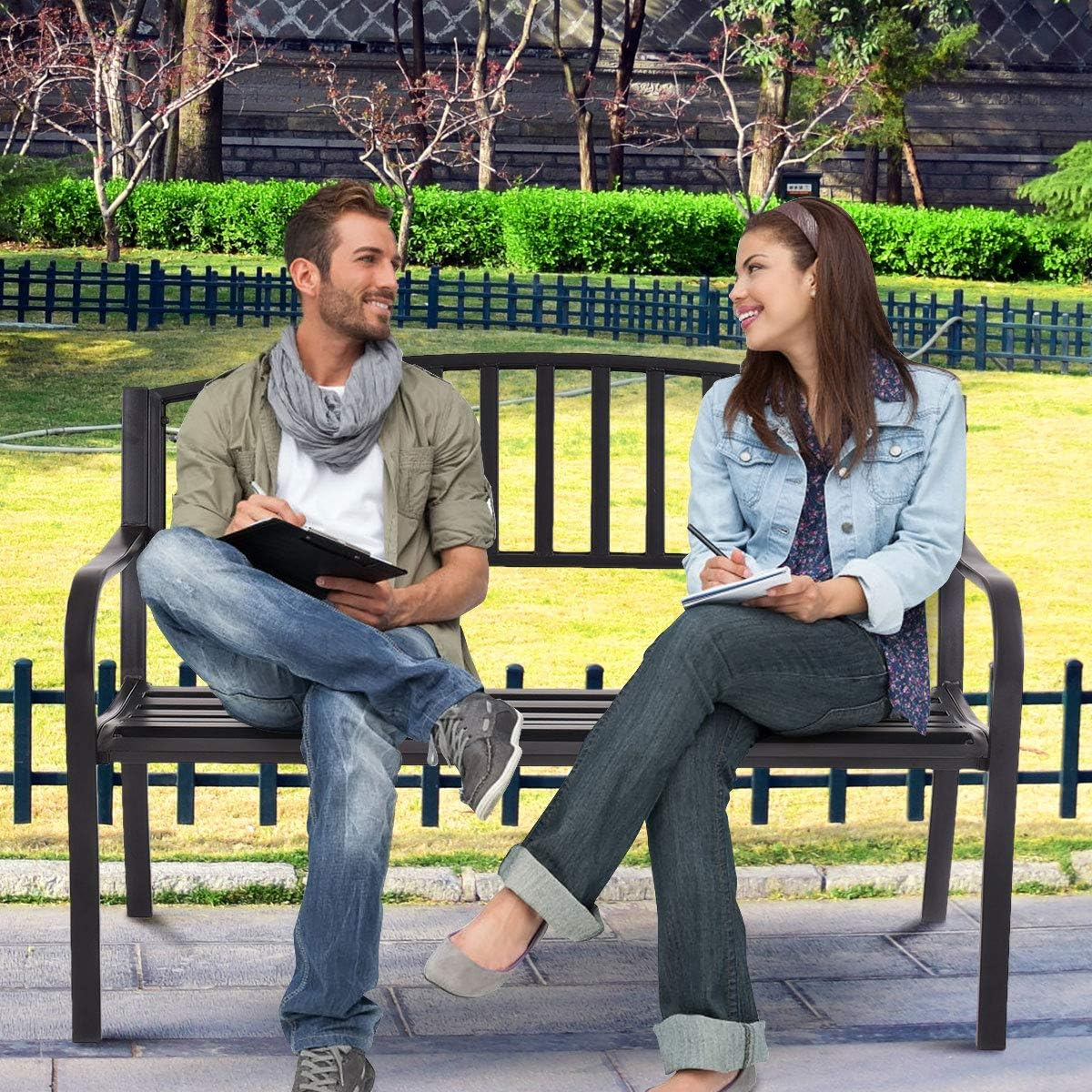 Costway 300KG Loaded Steel Garden Bench, Outdoor Patio Bench with Streak Design, Robust Steel Frame, High Backrest and Armrests, Patio Garden Bench, Outdoor Furniture, Suitable for Lawn, Deck