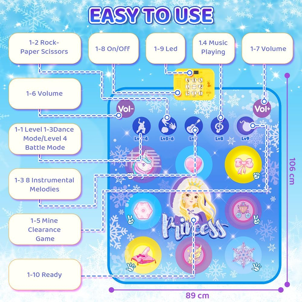 AUTOWT Musical Mat for Kids - Princess Themed Dance Play Mat, Educational Learning Musical Sensory Toys - Girls Birthday Gifts (Blue) image number 4