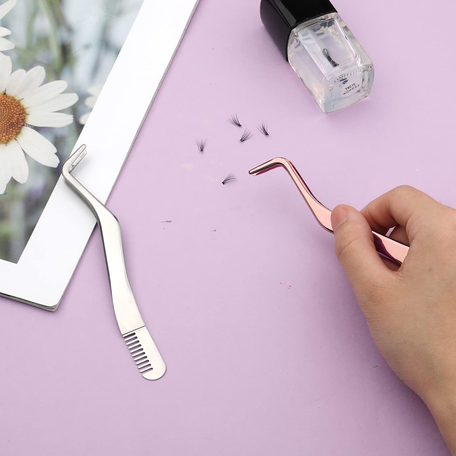 2Pcs Lash Tweezers Set, Stainless Steel Upgraded 2 in 1 Lash Extension Tweezers with Comb Eyelash Applicator for Volume Isolation Classic Lashes Smeared False Lashes (Rose Gold, Silver) image number 4