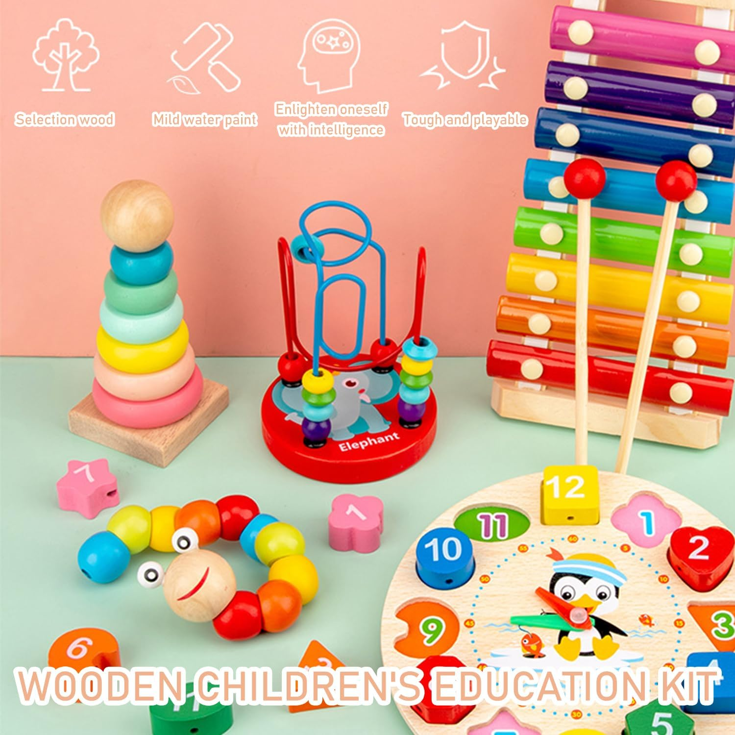 Uandhome Montessori Toys Set,10 in 1 Kids Wooden Toddler Sensory Toys,Preschool Educational Learning Toy with Wooden Sorting & Stacking Xylophone Bead Maze Sand Hammer for 3 Years Old Boys Girls Gift image number 2