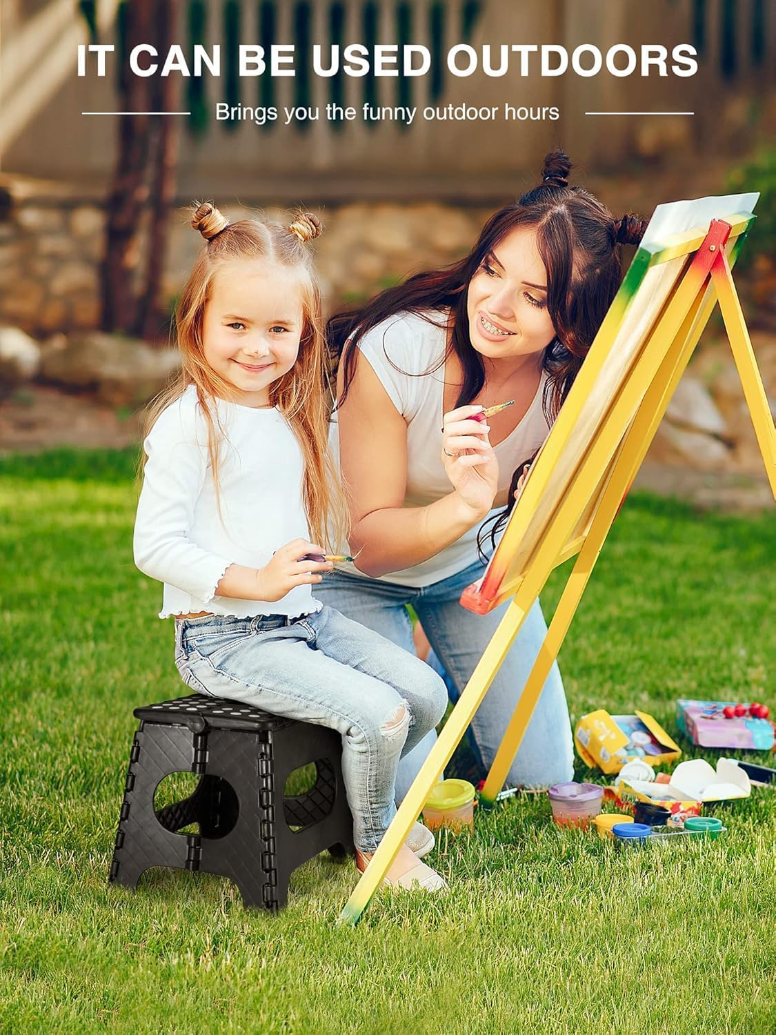 Folding Step Stool 11", Durable Kids Step Stool, Heavy Duty Step Stools for Adults, Compact Foot Stools, Light-Skid Resistant and Open with One Flip for Kitchen, Bathroom, Holds up to 300 Lbs (Black) - White image number 4