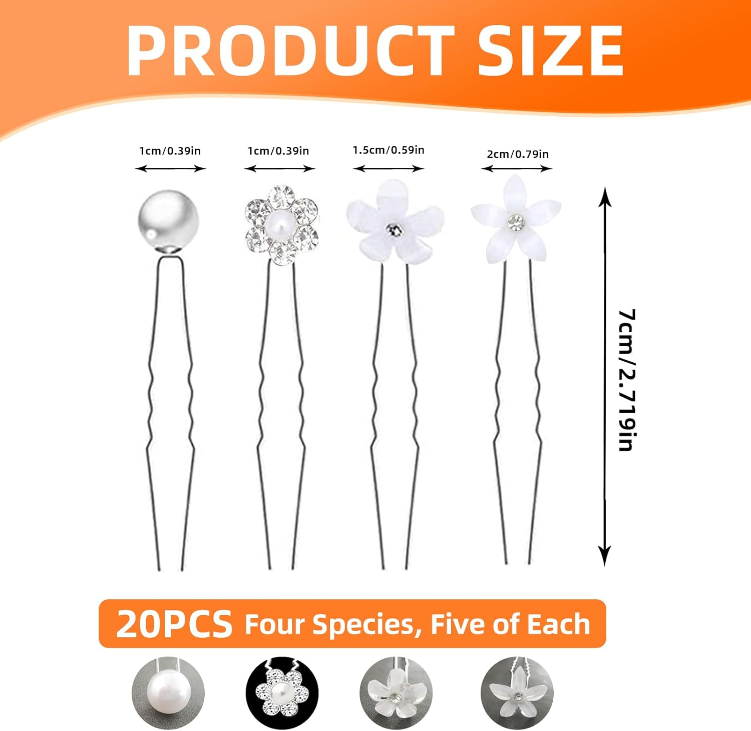 Pack of 20 Hair Pins with Pearls, 4 Sizes, U-Shaped Hair Accessories, Bridal Wedding Hair Pins, Crystal Flower Hair Pin, Flowers, Pearls, Bridal Rhinestone Hair Pin for Women and Girls, Wedding, Prom image number 5