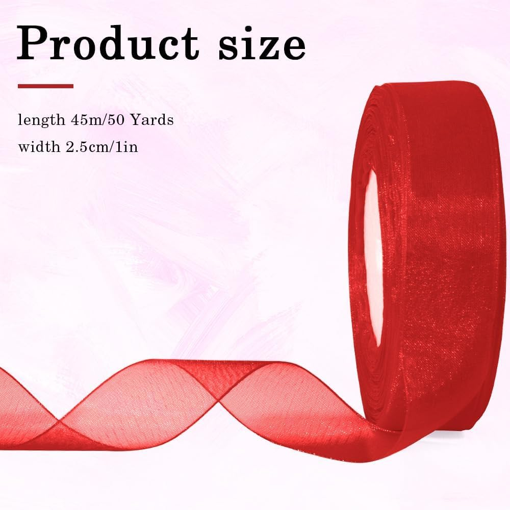Red Organza Ribbon Thick 25Mm 50 Yards Ribbons for Gift Wrapping Crafting Chiffon Wide Matilda Red Ribbon for Flower Bouquet Bow Hair Birthday Weeding Car Cake Decoration Mothers Day Gift Christmas