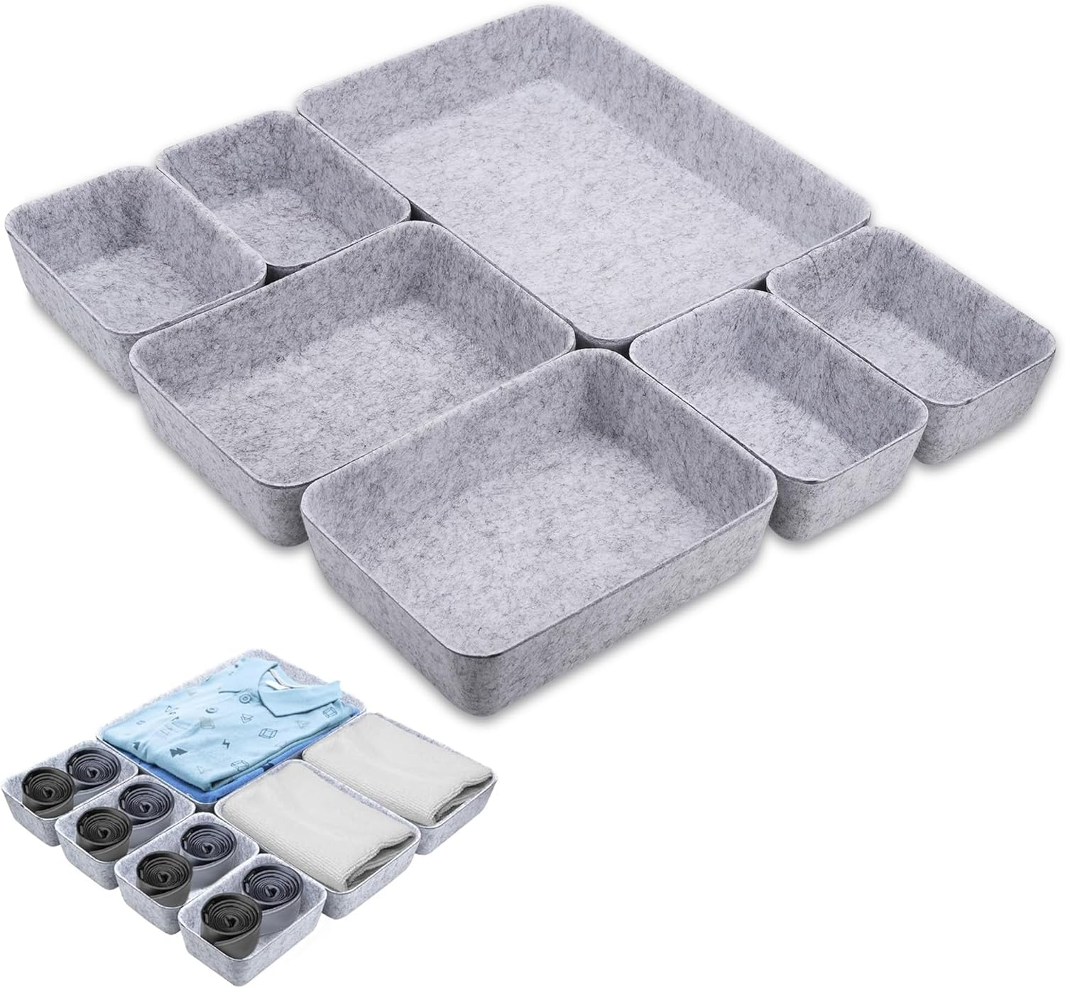 Hejo Set of 7 Felt Drawer Organiser, Drawer Organiser System, Thickened Drawer Insert, Felt Storage Box, Flexible Felt Box for Bedroom, Office, Changing Table (Dark Grey)