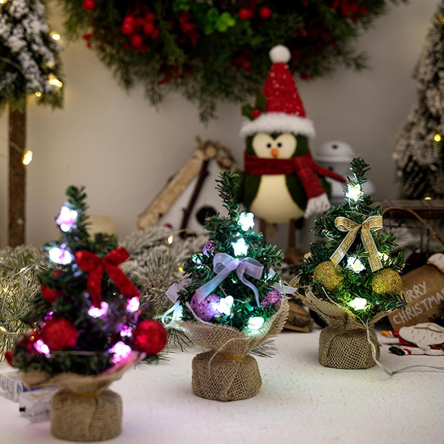 Desktop Christmas Tree with Lights,3X Green Tabletop Christmas Tree | Green Tabletop Festival Lights with Burlap Base
