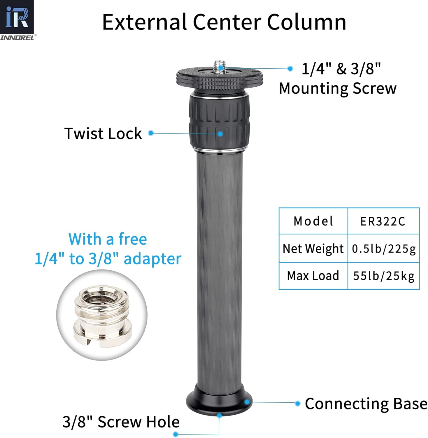 Tripod Extension-Innorel ER322C 41Cm Universal Carbon Fiber Tripod Center Column Load 25Kg Two-Section Mid-Column Extension Rod Pole for Tripod Monopod DSLR Camera 32.5Mm Tube image number 1