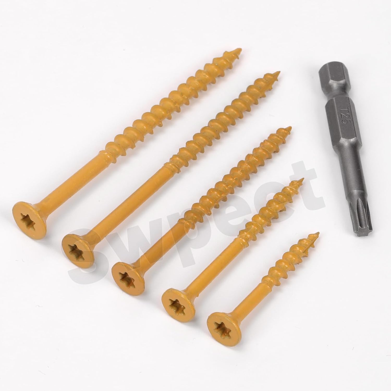 Swpeet 61Pcs 5 Sizes Khaki Deck Screws with T25 Star Bit Assortment Kit, T25 Star Torx Drive Flat Head Screws Rust Resistant, Exterior Ceramic Coated Wood Screw for Exterior Wood Projects image number 5