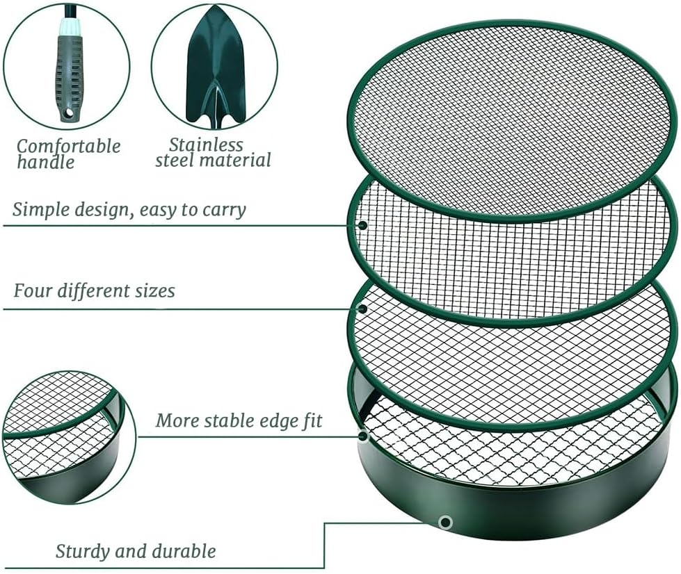 Soil Sieve, Fine Mesh Stainless Steel Soil Sieve, Garden Sieve, Gardening Tools Compost Sieve, Comes with 4 Interchangeable Strainer Sizes 3, 6, 9, 12 Mm and Shovel for Soil image number 4