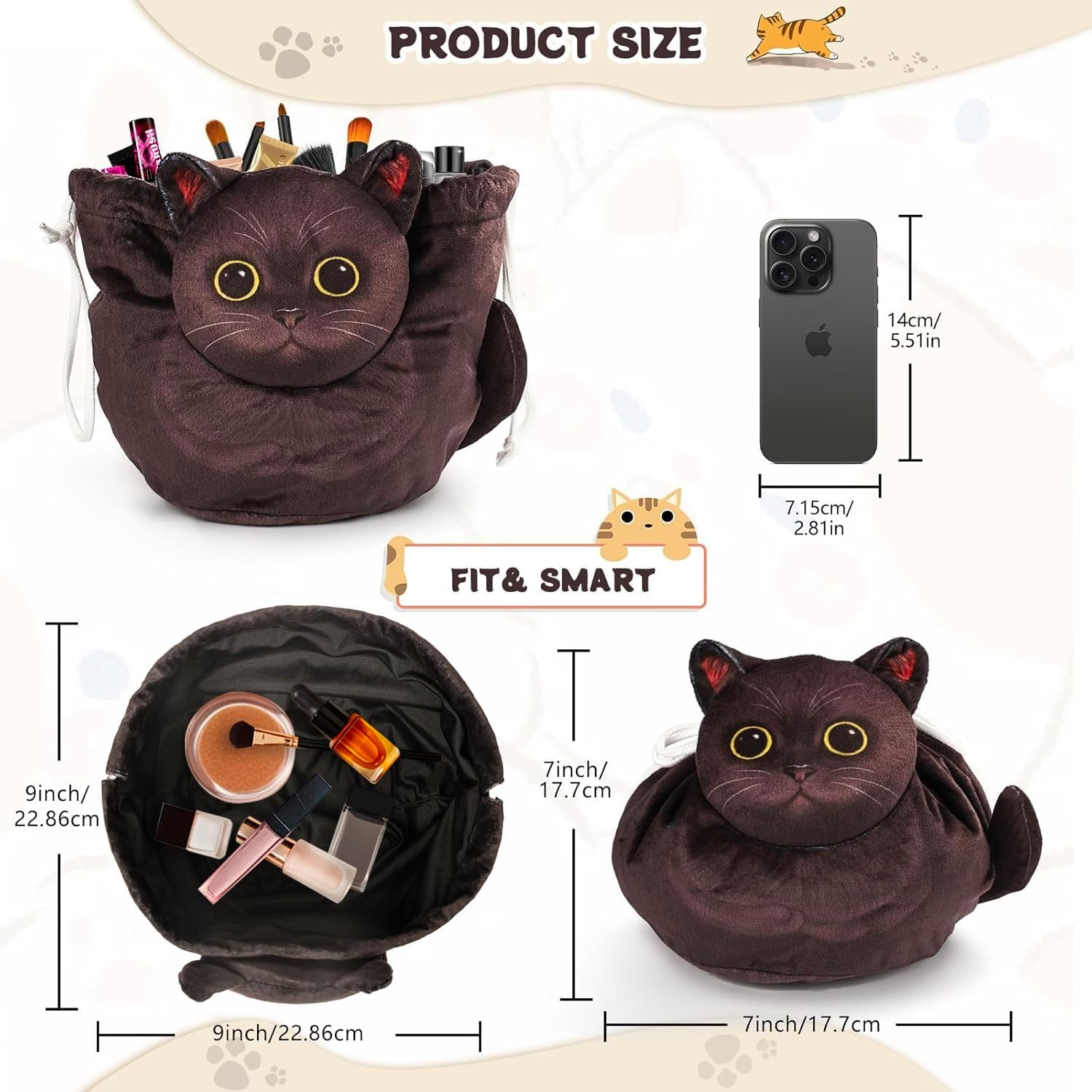 Openhahaha Drawstring Makeup Bag, Cat Makeup Bag, Travel Makeup Organizer, Cosmetic Pouch Bag, Cat Gift for Women, Lay Flat Makeup Bag Gifts for Cat Lovers&hellip;, New Grey and Black, Unisex Adult - Black White And Calico Cat image number 2