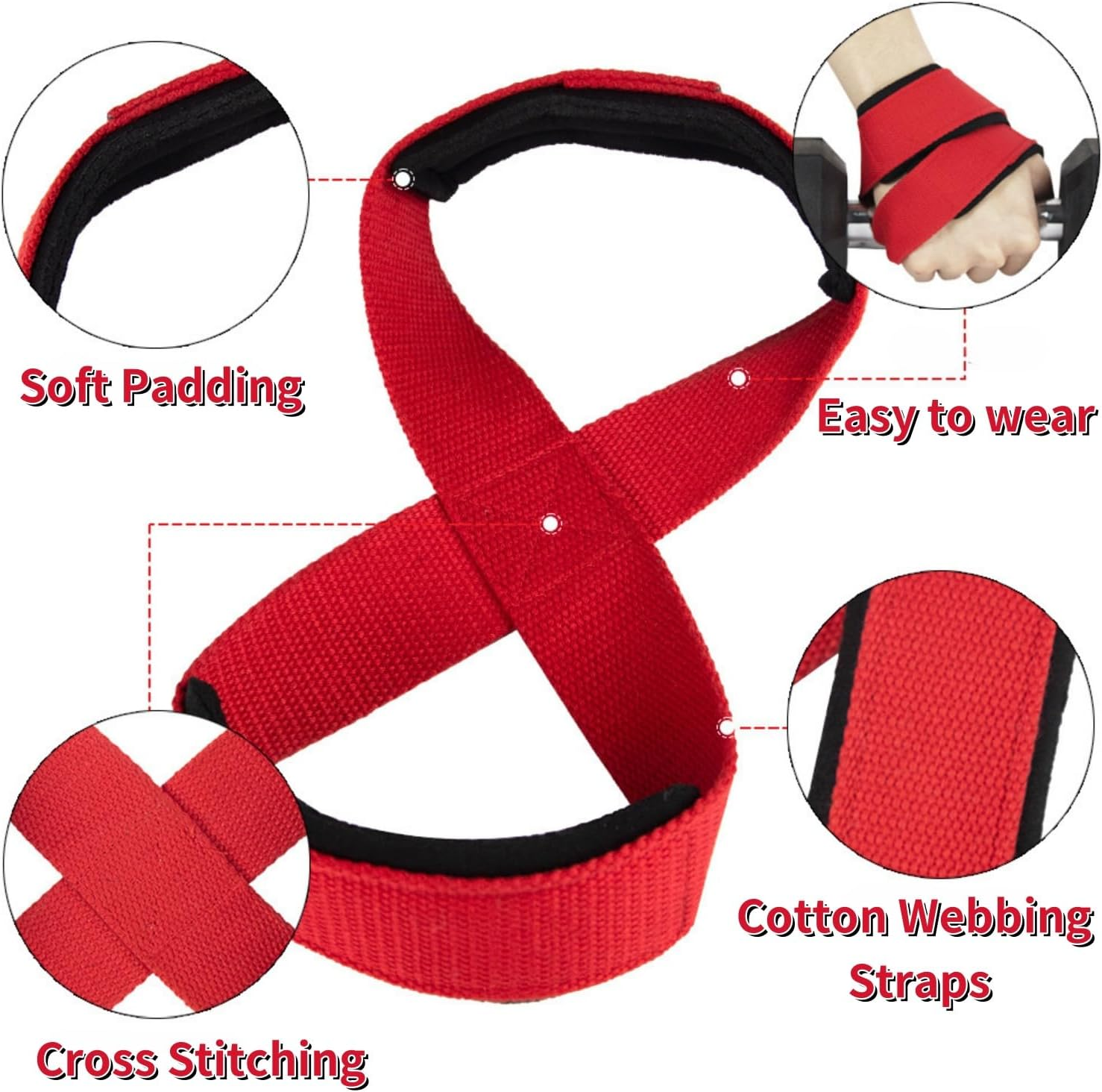 Figure 8 Lifting Straps for Deadlifts & Powerlifting &ndash; Heavy Duty Cotton Wrist Wraps Strongman & Cross Training Grip Support Set of 2 Pairs (Red)