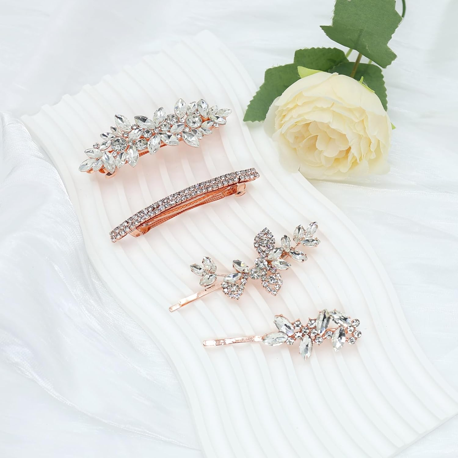 4 Pieces Rhinestone Hair Clips Leaf Wedding Hair Pins Crystal Bobby Pins Silver Bridal Hairpin Barrette for Brides Bridesmaids Flower Girls (Rose Gold)