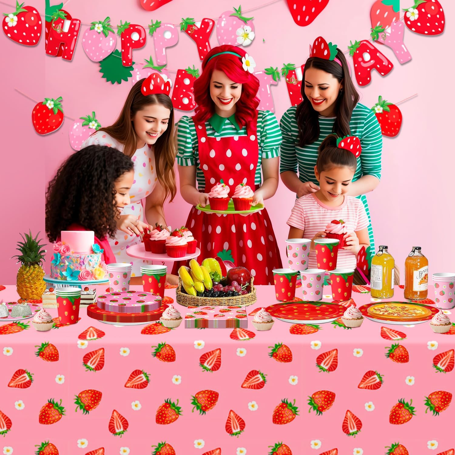 Strawberry Birthday Tableware, 91Pcs Strawberry Party Tableware Set - Strawberry Birthday Party Plates Napkins Cups Tablecloth Etc Strawberry Baby Shower Tableware for Strawberry Birthday Decorations image number 1