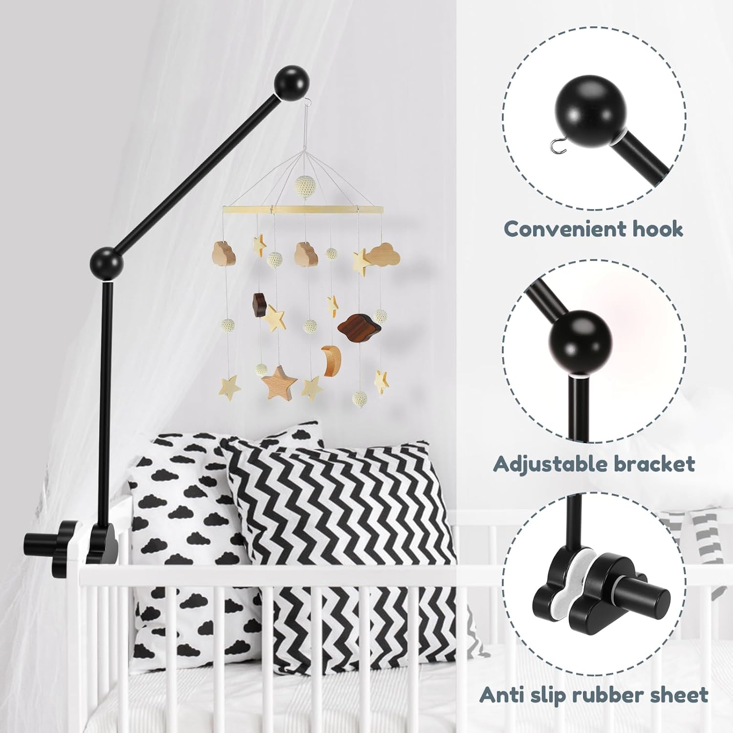 Crib Mobile Arm, Easy Installation Crib Mobile Holder Hanging Attachment Set with No Slip Rubber for Newborn Family image number 1