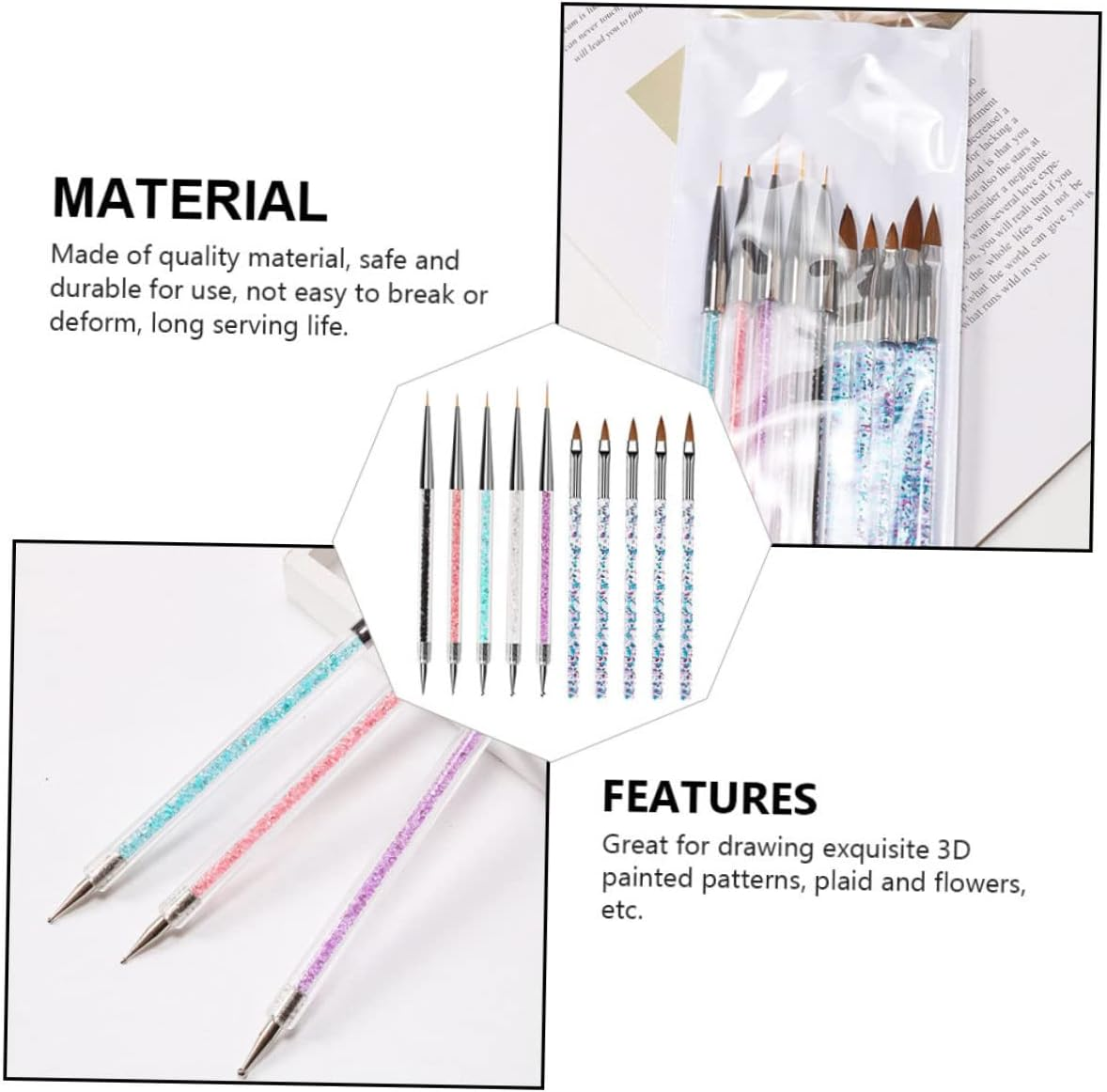 Healvian 10Pcs Dual-Ended Nail Art Liner Brush Dotting Pen for Manicure and Nail Designs for Home and Salon Use Ergonomic Handles and Strong Bristles image number 5