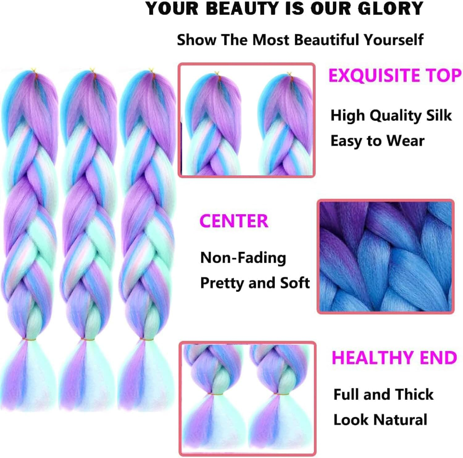 3 Packs Ombre Braiding Hair Colorful Pre Stretched Braiding Hair,24Inch Extensions High Temperature Synthetic Crochet Braiding Hair Roe Men Women(Purple/Light Purple/Blue/Light Cyan） image number 3