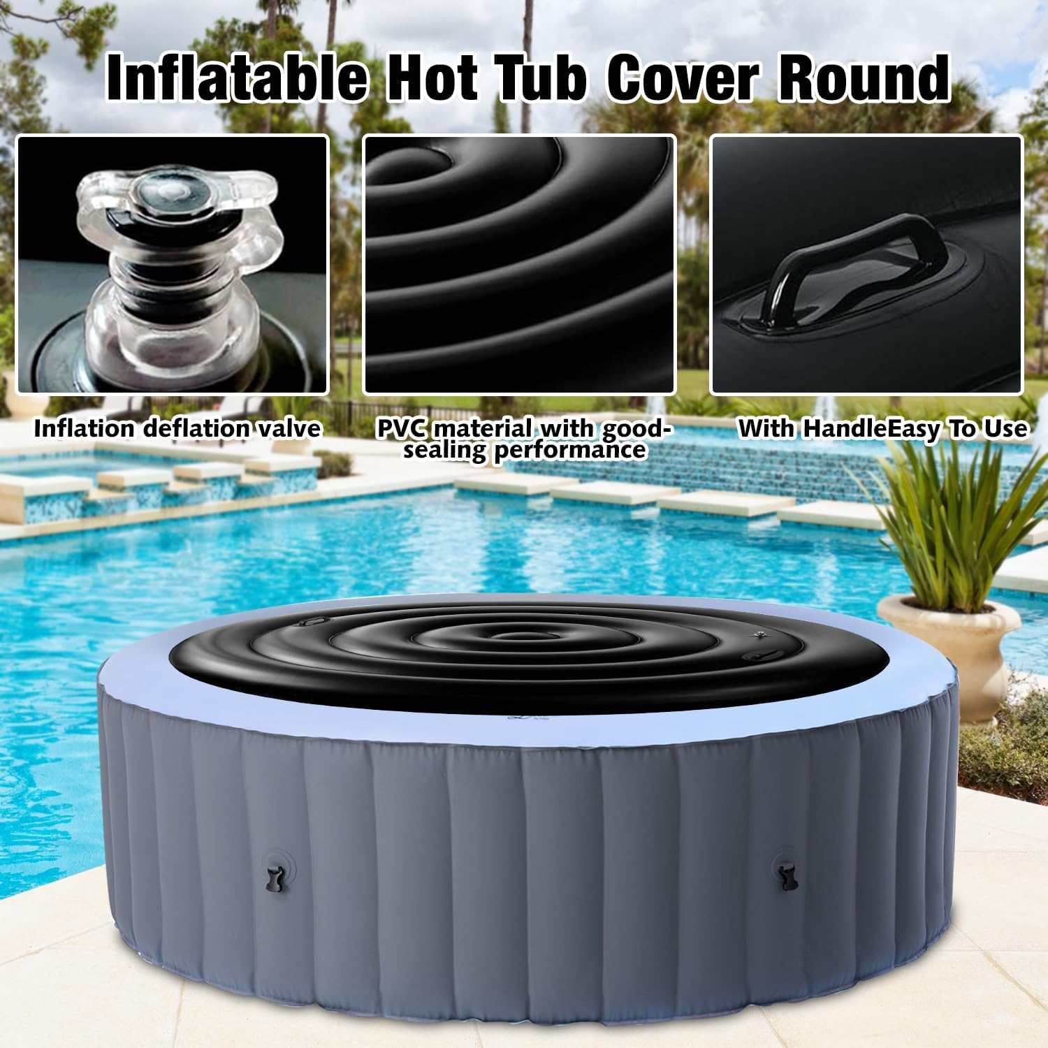4.7 Ft Inflatable Hot Tub Cover round Energy Saving Spa Lid Enclosure with Quick and Easy Inflation and Deflation Valve Windproof Rain Insulated Lid Retain Heat and Protect Hot Tub