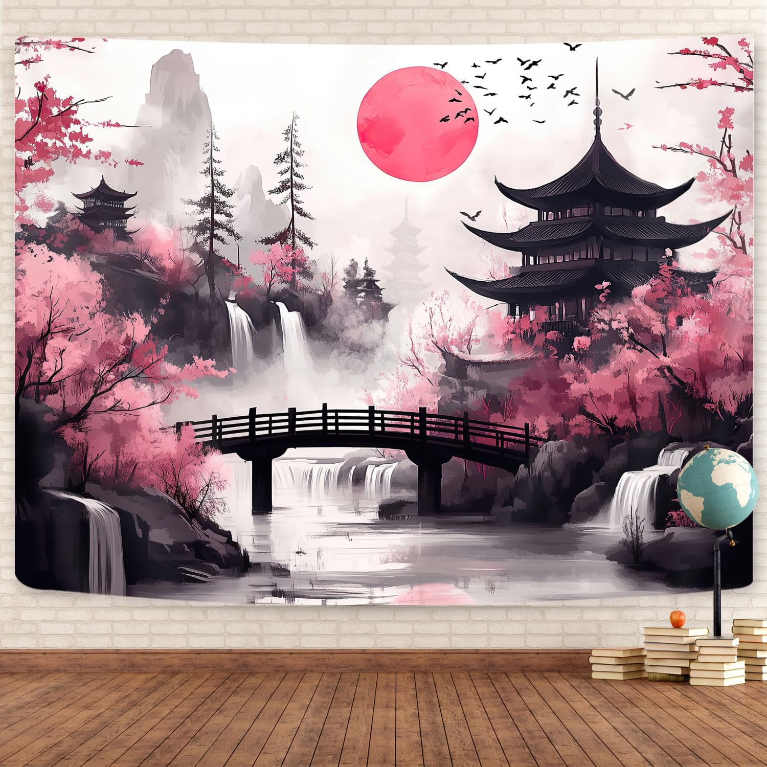 Japanese Anime Tapestry, Cool Japan Cherry Blossom Floral Mountain Waterfall Sun Asian Oriental Abstract Ink Art Tapestry, Black Pink Nature Landscape Tapestries for Living Room College Dorm, 80X60IN