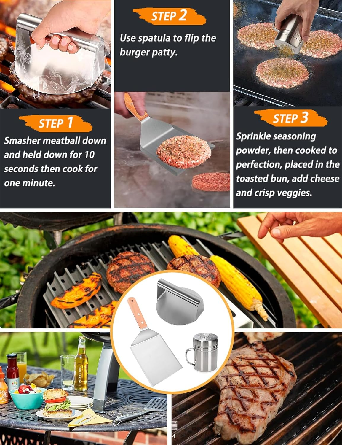 3 PCS Smashed Burger Kit, Burger Press+Grill Spatula+Seasoning Shaker, Stainless Steel Burger Smasher, Outdoor Cooking, Hamburg Making Kit, Barbecue Accessories Kit for Flat Griddle, Grilling Gift image number 3