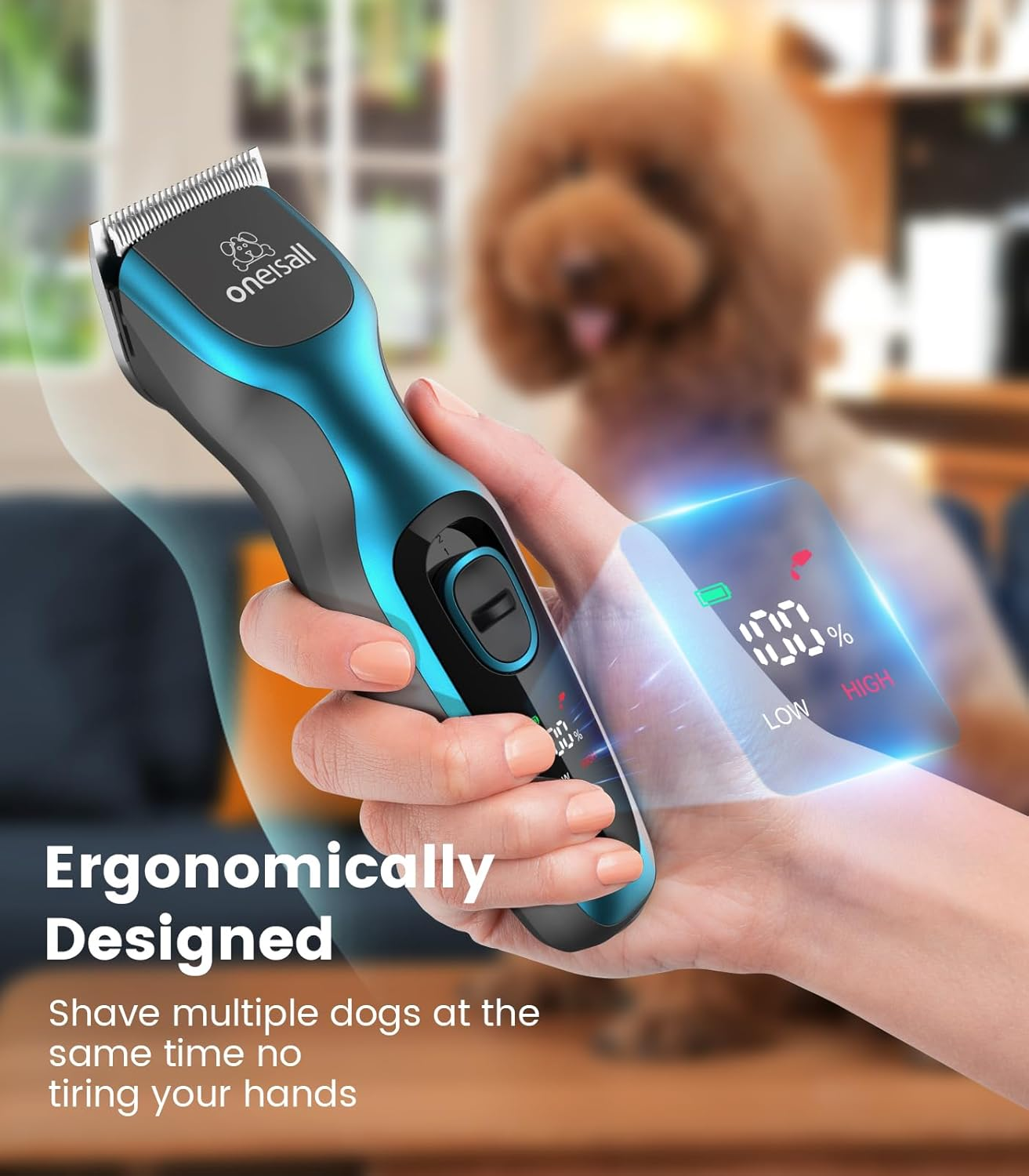 Oneisall Dog Clippers for Grooming 2-Speed Super Power Dog Grooming Clippers 50Db Quiet Rechargeable Cordless Pet Trimmer with Detachable Stainless Steel Blade for Small & Large Dogs with Thick Coats image number 3