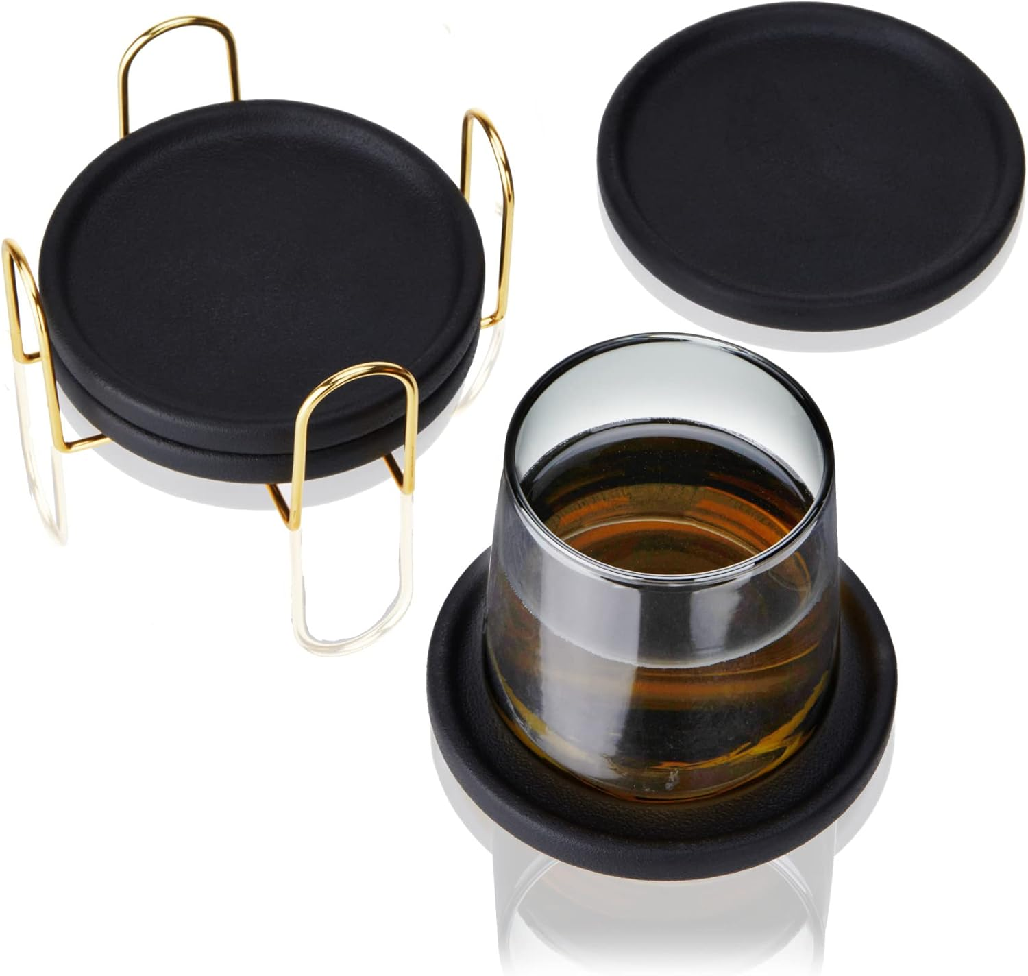 Viski Earthenware Coasters Set of 4 - Ceramic Drink Coasters - Outdoor Coasters for Drinks - Unique Coasters with Gold Stand Black image number 2