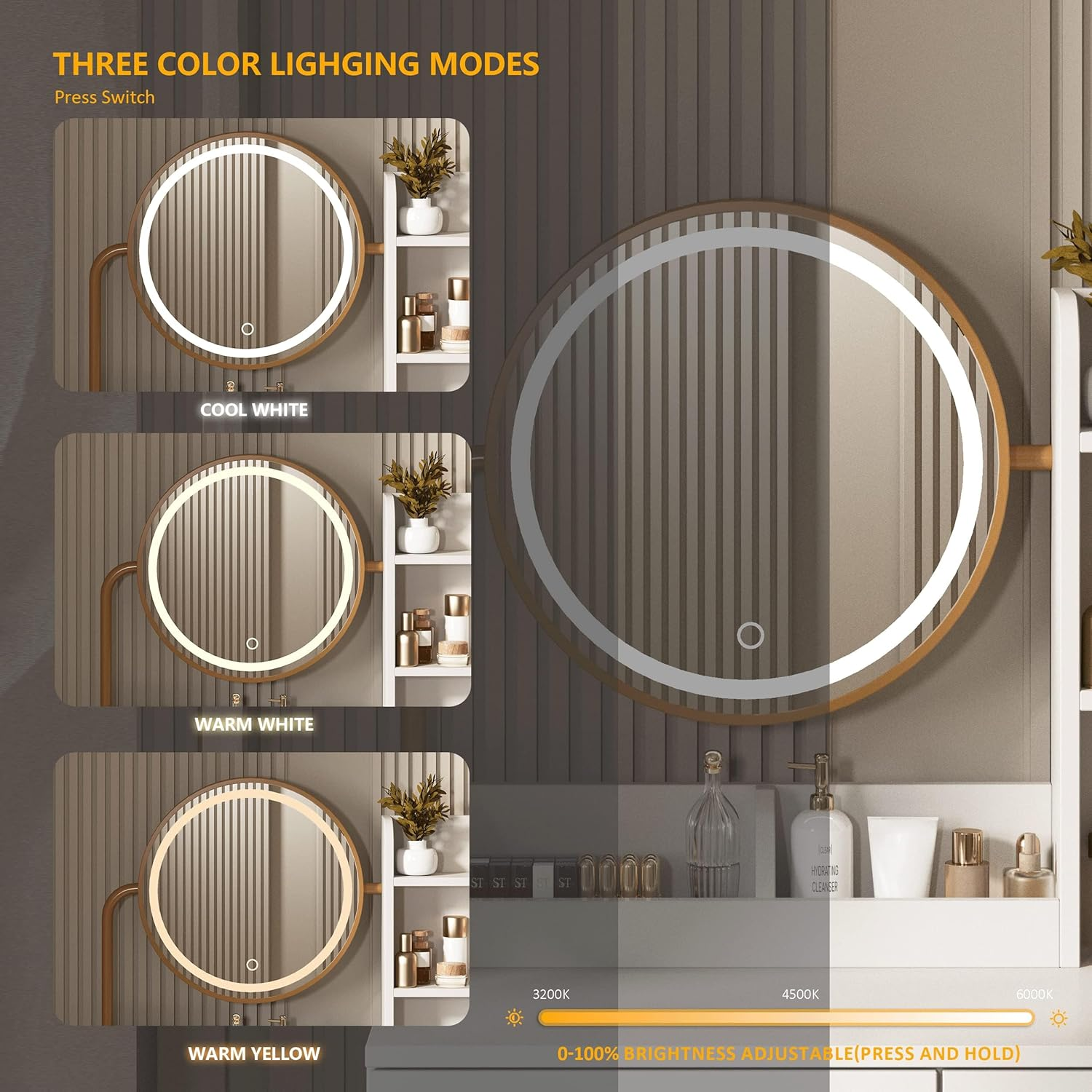 Omebel Makeup Vanity Dressing Table with round Mirror and Lights, White Vanity Desk, Small Vanity Table for Bedroom with Lots Storage, 3 Lighting Modes