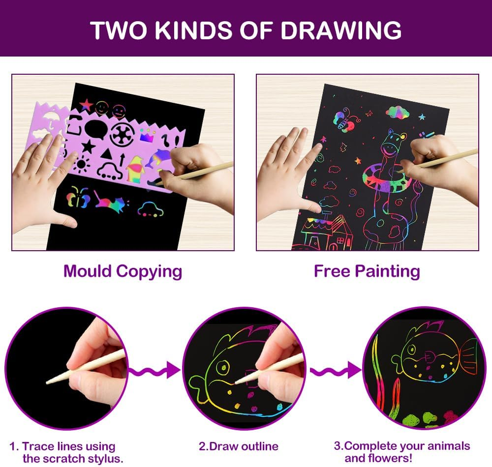 FUNNYB&G Rainbow Scratch Paper Art for Kids - 60 Pcs Magic Rainbow Scratch Paper off Set Scratch Crafts Arts Supplies Kits Pads Sheets for Party Games Christmas Birthday Valentine'S Day image number 4