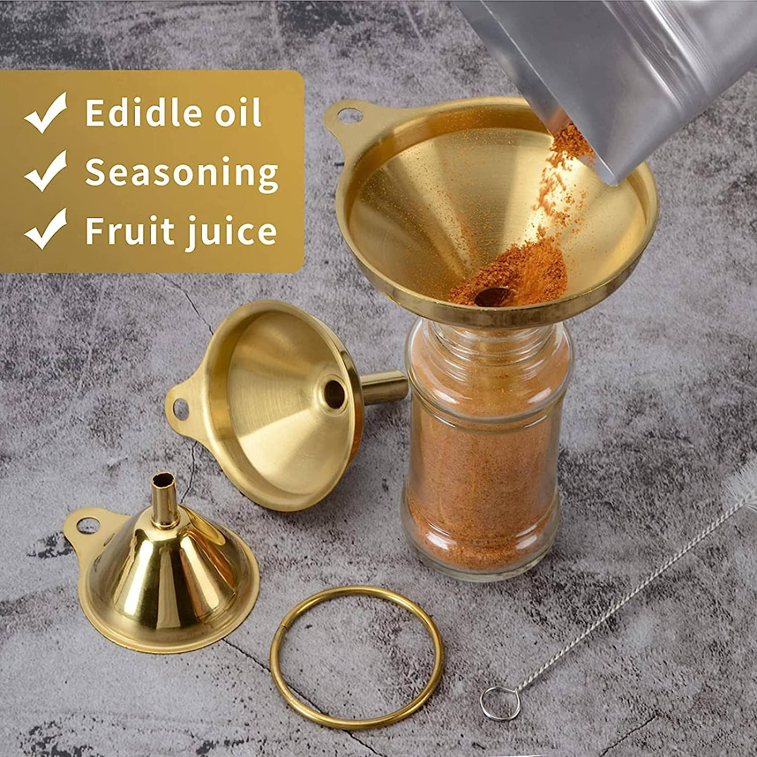 Stainless Steel Funnels, 3 Pack Gold Metal Kitchen Funnel Set, Food Grade Kitchen Gadgets Accessories, Mini Funnels for Filling Bottles, Liquid Transfer, Cooking, Car Oil, Lab Use image number 1