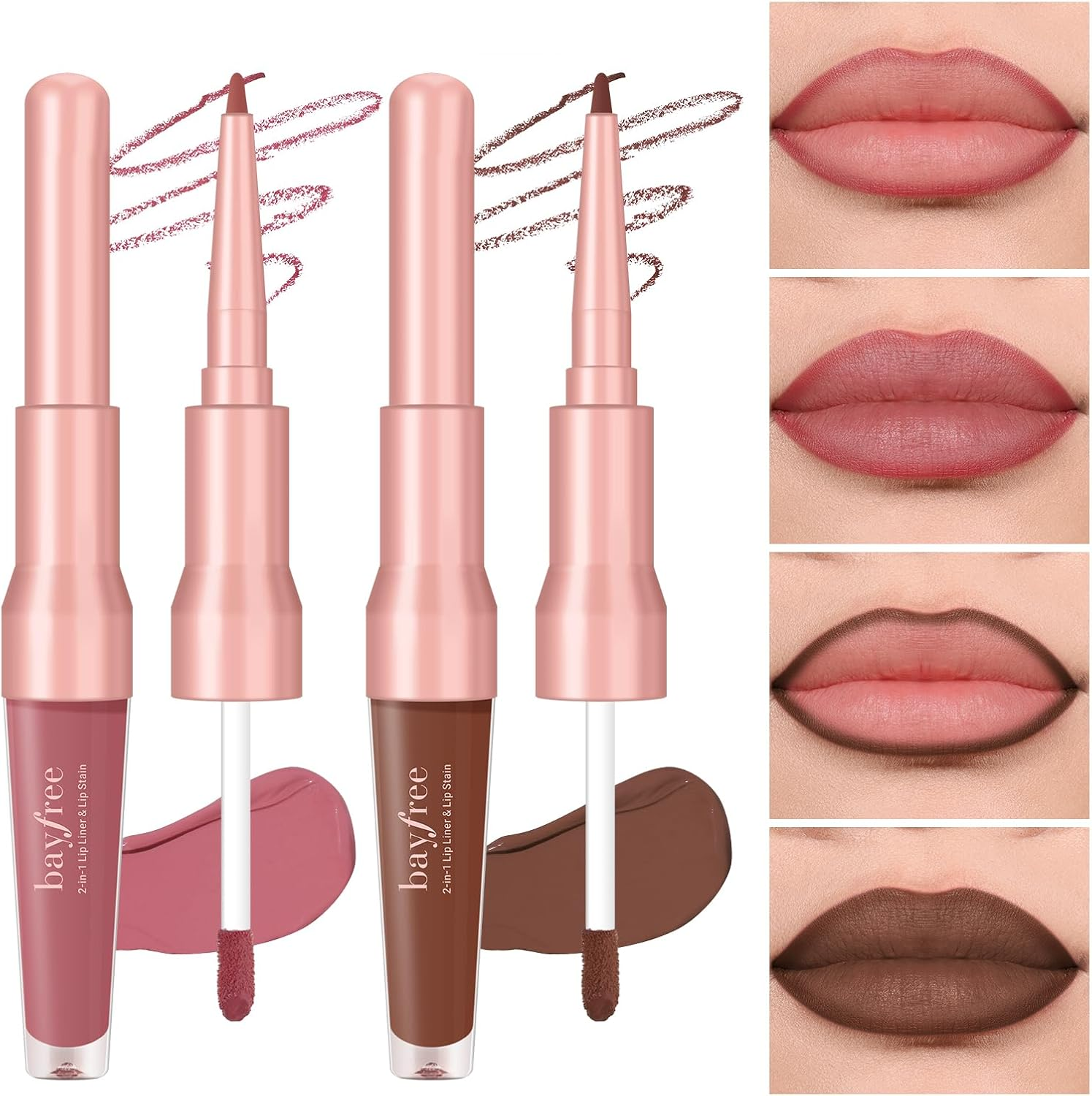 Bayfree 2 PCS Lip Liner and Lip Stain Combo Set, High Pigmented Long Lasting Velvet Lip Tint, Well-Defined Lipliner, Weightless Waterproof Not Animal Tested, Matte Finish Makeup