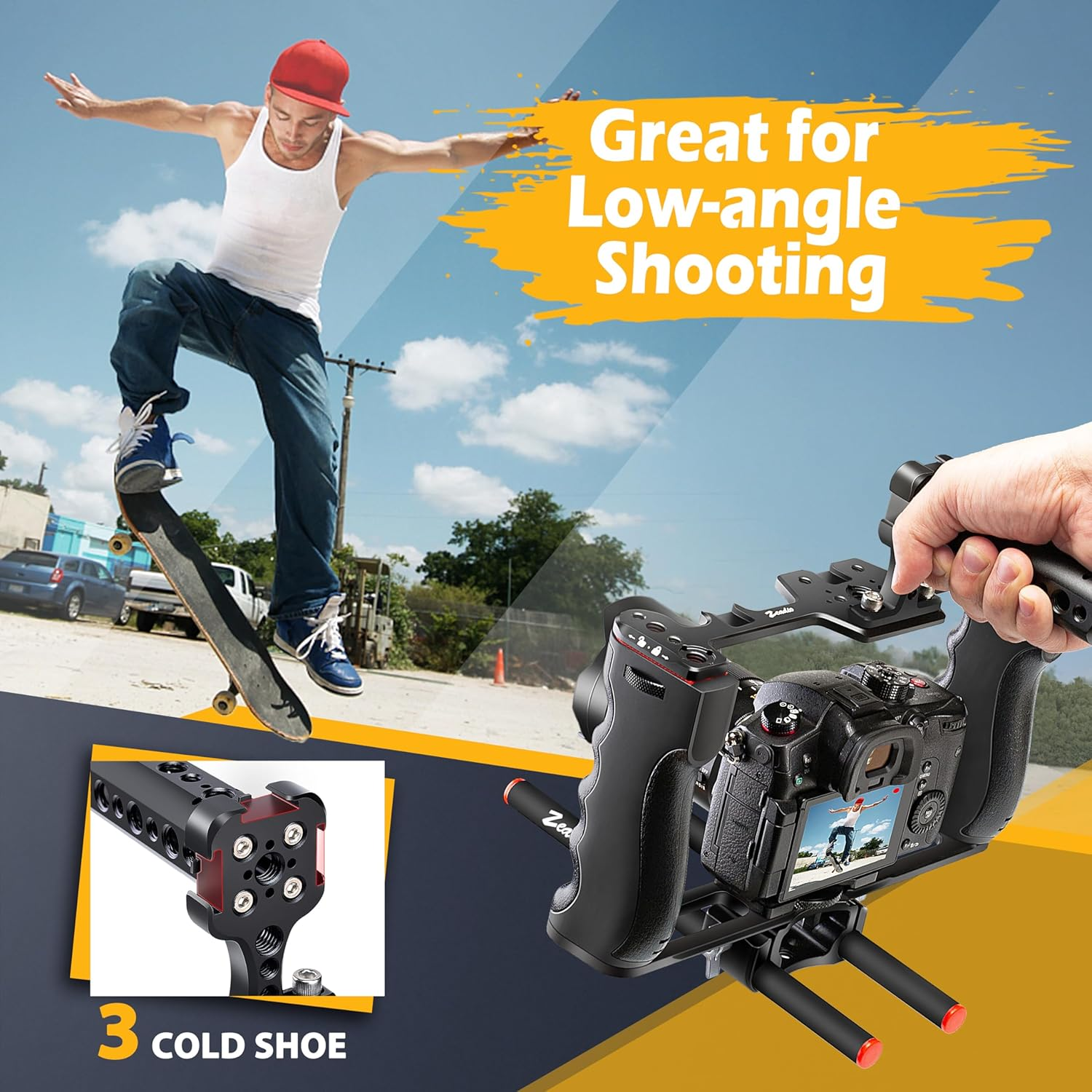 Zeadio Camera Video Rig Cage, Aluminum Filmmaking Movie Making Kit with Top Handle & Arca Type Base and Two 15Mm Rod Guide, Compatible with All DSLR Camera and Camcorder image number 1