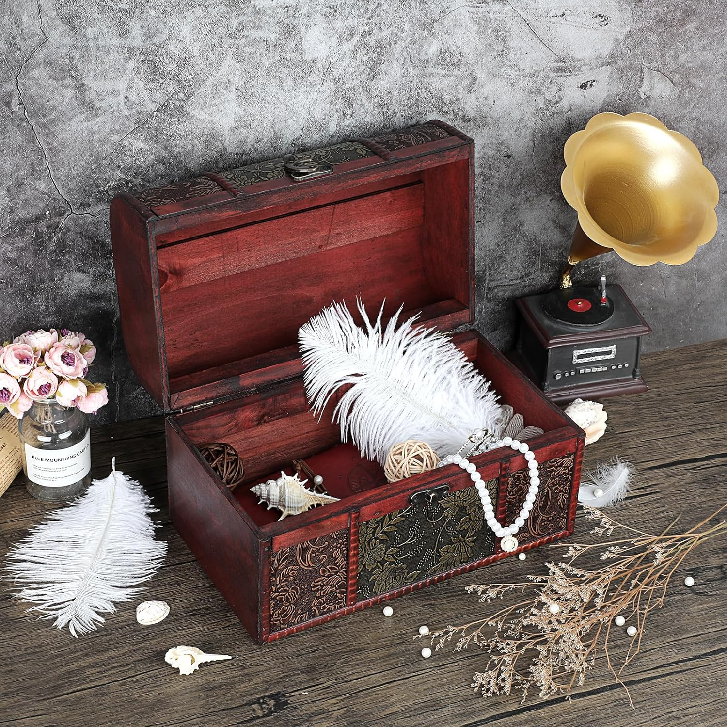 ELLDOO Vintage Treasure Chest Box, Pirate Keepsakes Box for Kids Gifts, Wooden Treasure Storage Box Decorative Box for Jewelry Pearl Trinkets, X-Large image number 5