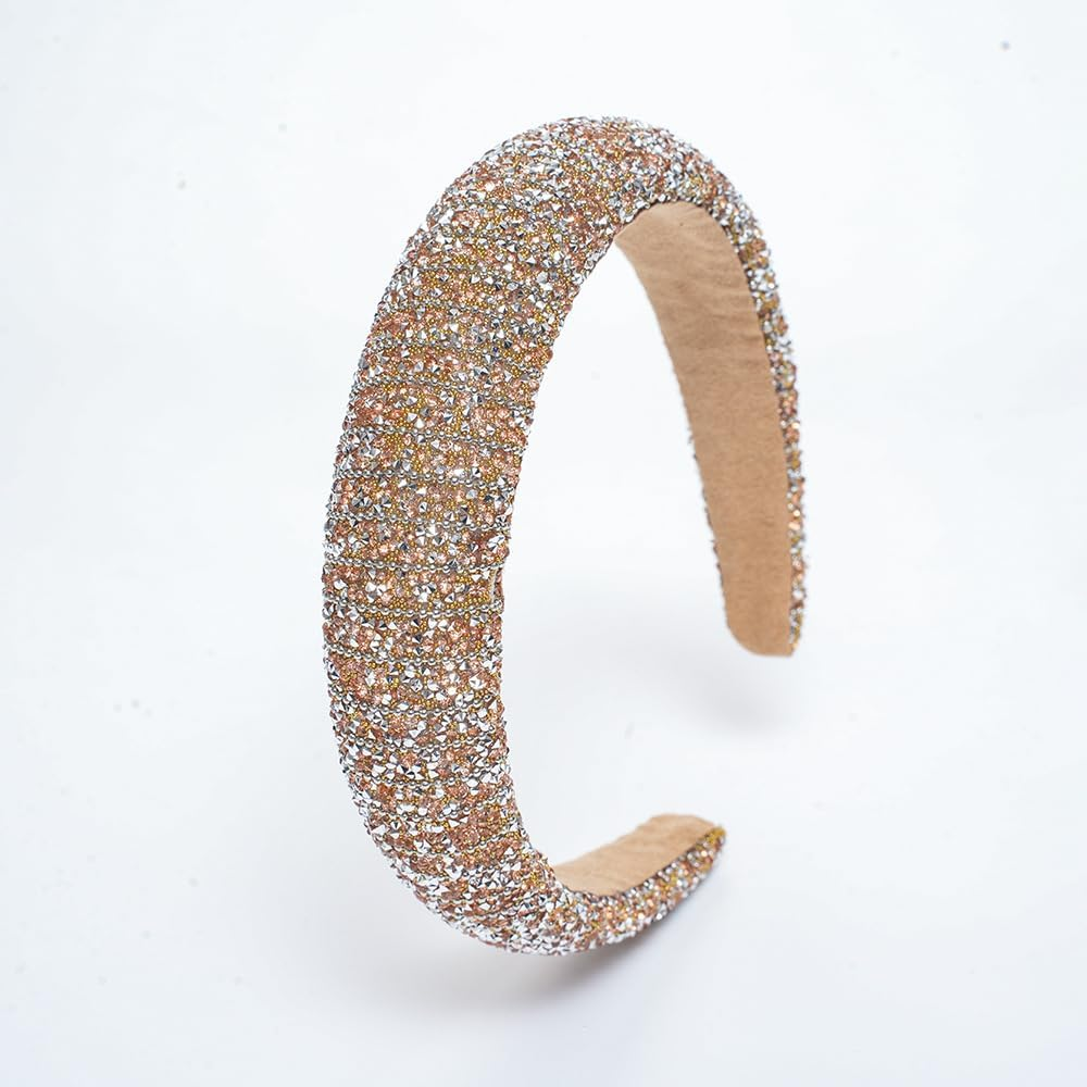 1PC Gold Crystal Headbands for Women Girls, Cute Puffy Padded Headband for Wedding Bride Fashion, Wide Thick Bling Hairbands Hair Hoop Accessories for Birthday (Gold, One Size) image number 4
