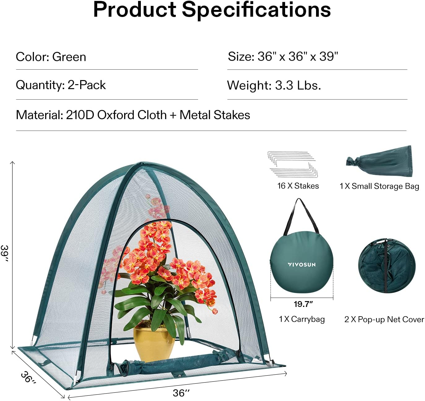 VIVOSUN Garden Netting Cover, 36 X 36 X 39 Inch Pop-Up Guard Cover with Zip Entry for Plants, Vegetables, Fruits, Outdoor Run and Enclosure for Small Animals, 2-Pack, Green image number 4