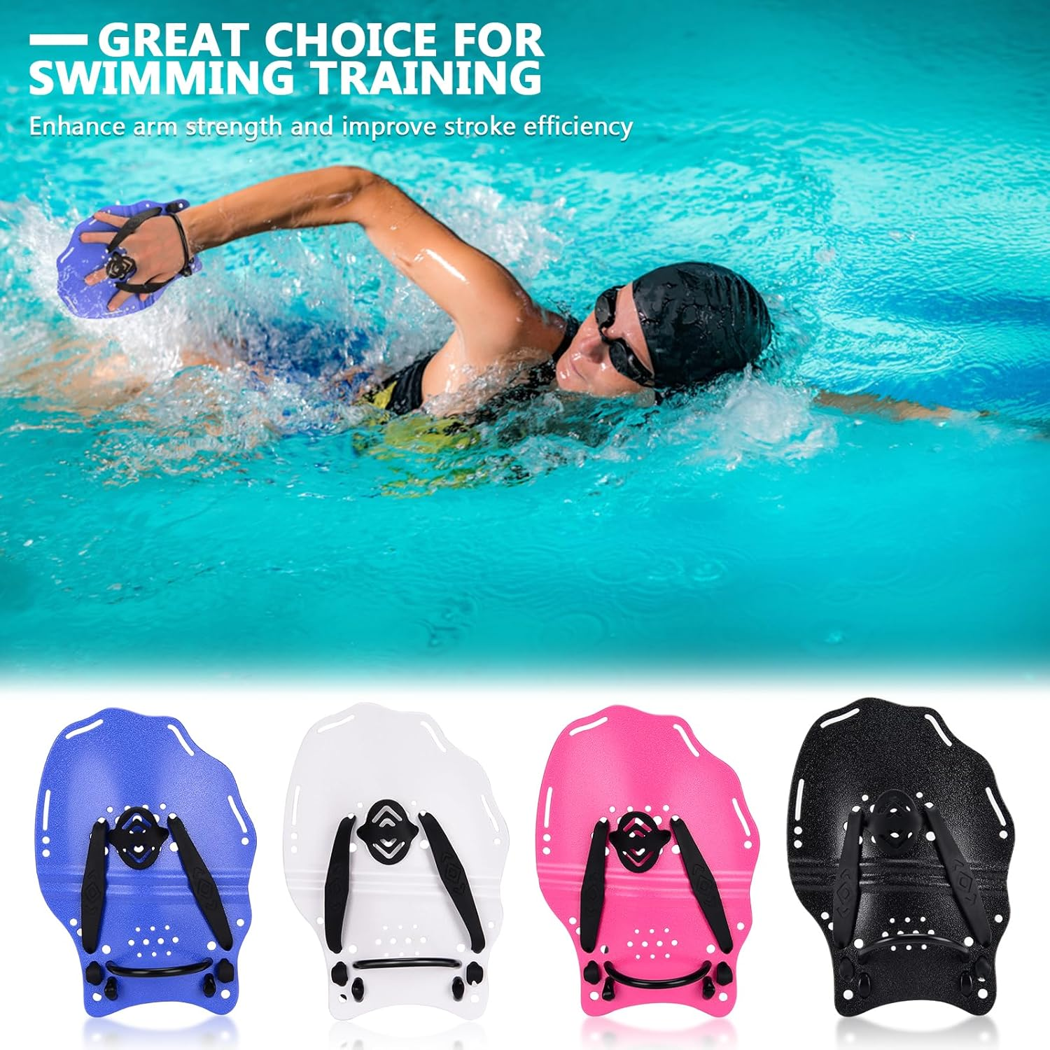 Hikeen Swim Paddle Hand, Swim Training Hand Paddles with Adjustable Straps, Swimming Hand Paddles for Children Adult image number 1