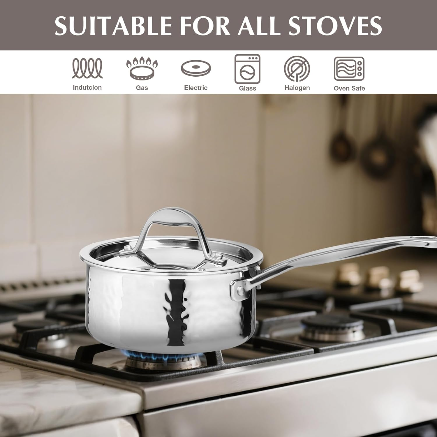 16Cm Tri-Ply Stainless Steel Saucepan with Lid, 18/10 Stainless Steel Pot, Sauce Pan, Oven Safe Cooking Pot, Induction Compatible, Dishwasher Safe