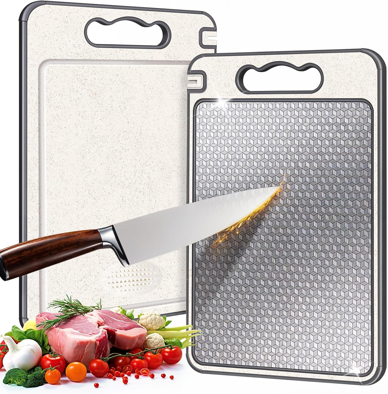 Stainless Steel Cutting Board, Double Sided Chopping Board for Kitchen, Scratch-Resistant Mesh Design, Juice Groove, Non-Slip Silicone Wrap, Dishwasher Safe