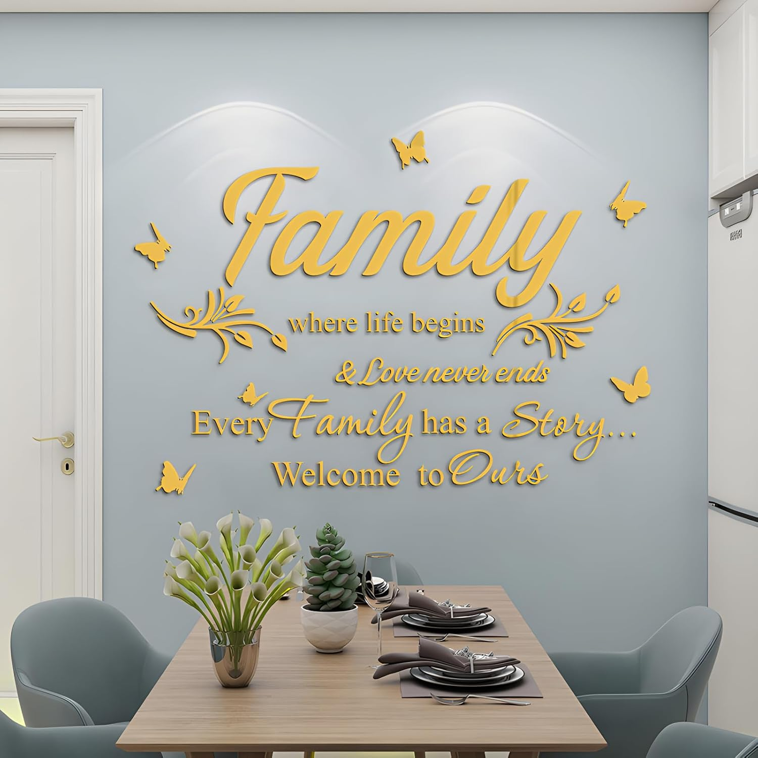 Fkereg Family Where Life Begins & Love Never Ends Every Family Has a Story Welcome to Ours Mirror Wall Decals Stickers, Acrylic Inspirational Quotes Wall Art Words, Home Wall Decor Living Room, Silver - Gold image number 7