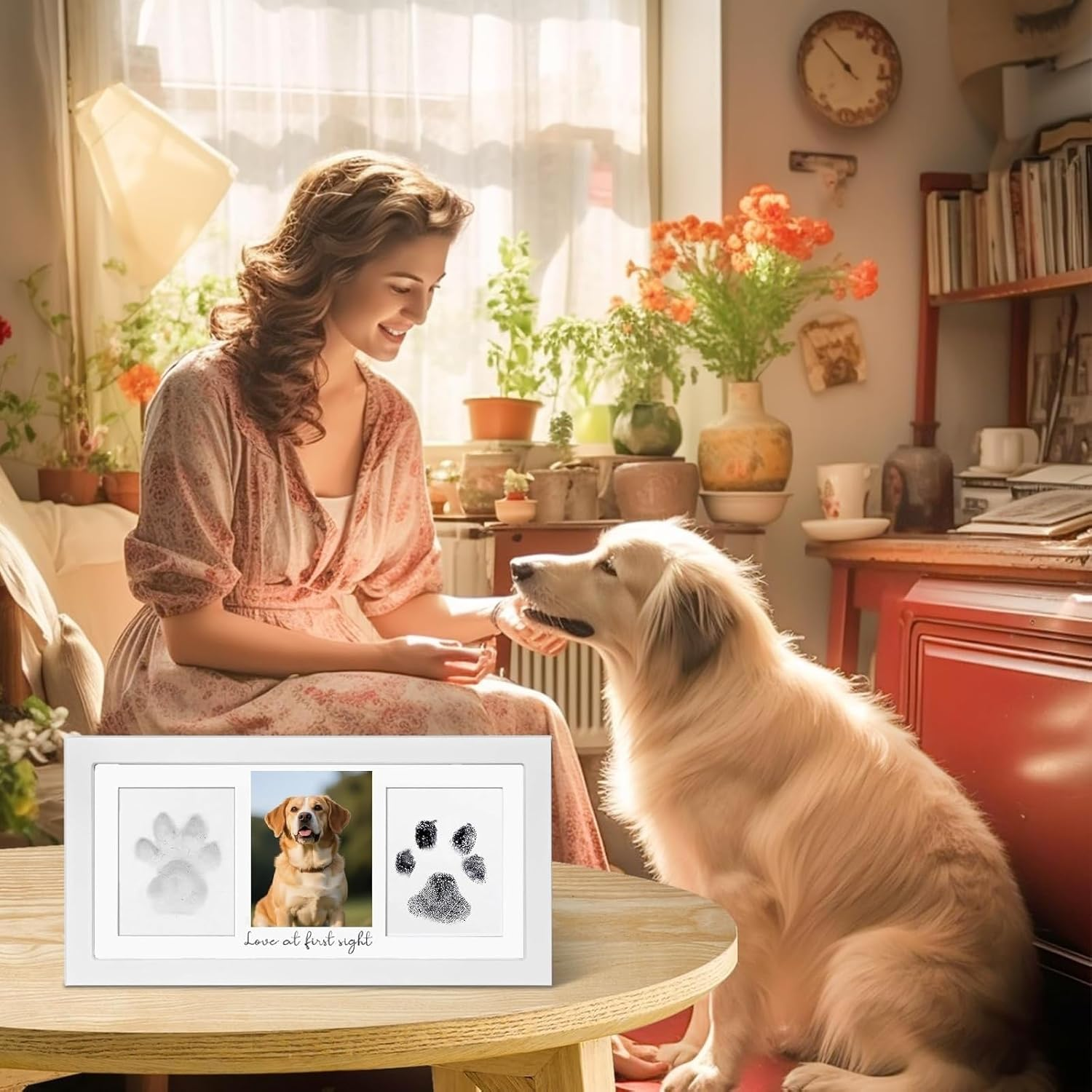 Paw Print Kit for Dogs, Pet Memorial, Kit with Wooden Pet Memorial Frame, Soft Pawprint Clay and Clean Touch Ink Pad, DIY Choice for Dog Cat Lovers (White) image number 1